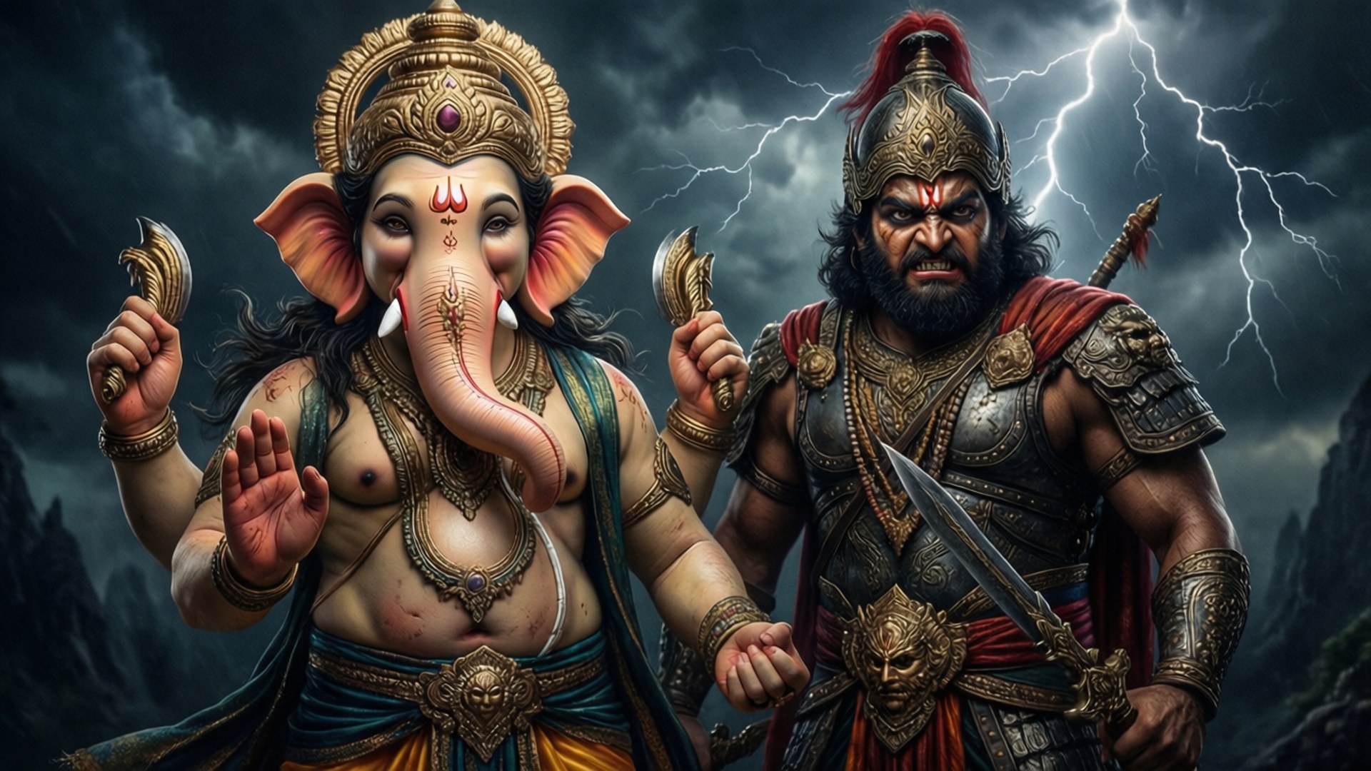 Warrior Gods of the Storm 壁紙 — 象頭神與一名兇猛的戰士並肩站在暴風雨的天空下，閃電照亮了他們華麗的盔甲和神聖的特徵。