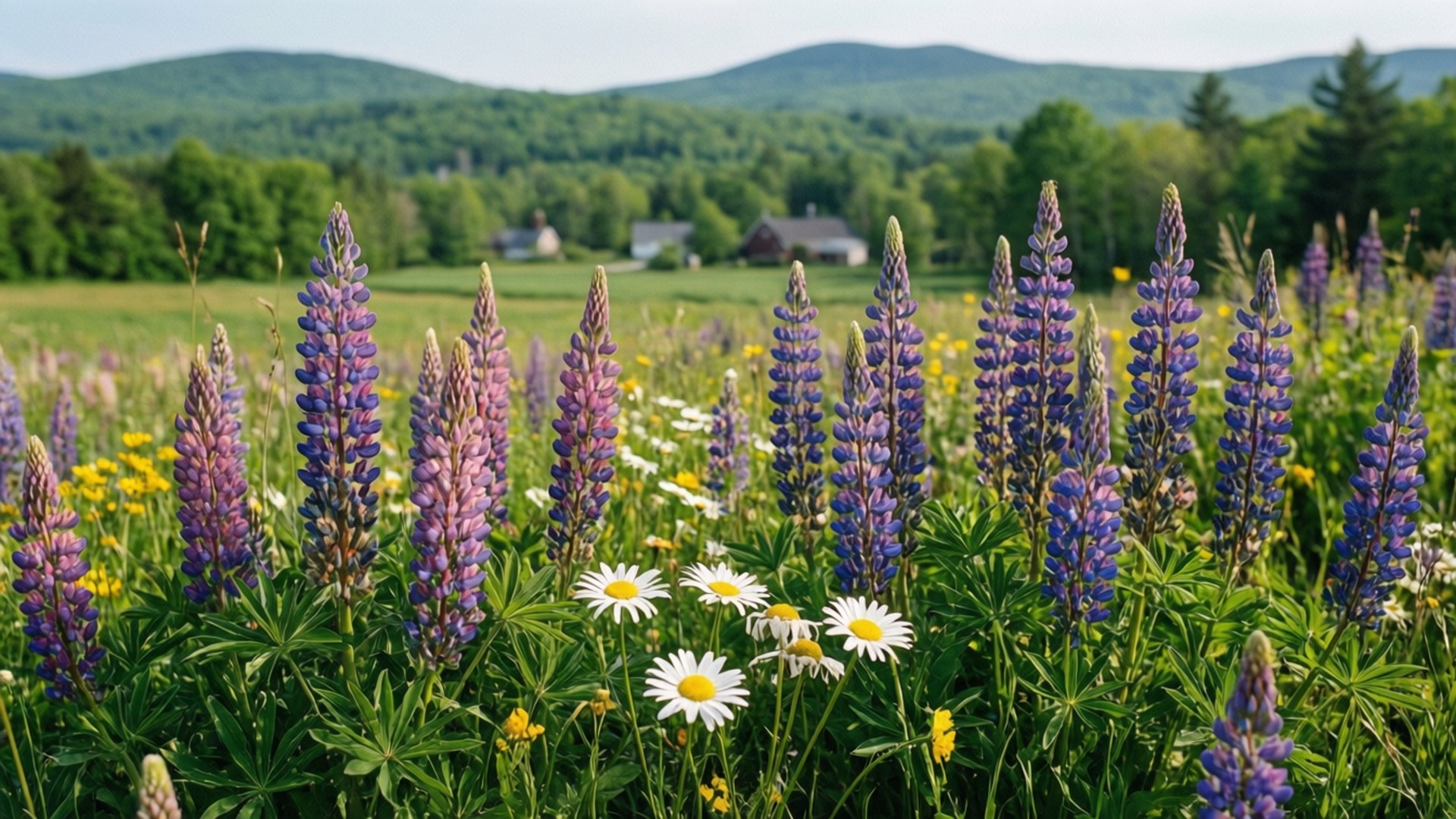 Vermont Spring Wildflowers 壁紙 — 高大的紫色羽扇豆和白色雛菊在陽光明媚的草地上盛開，遠處有起伏的綠色山丘和房屋，天空晴朗。