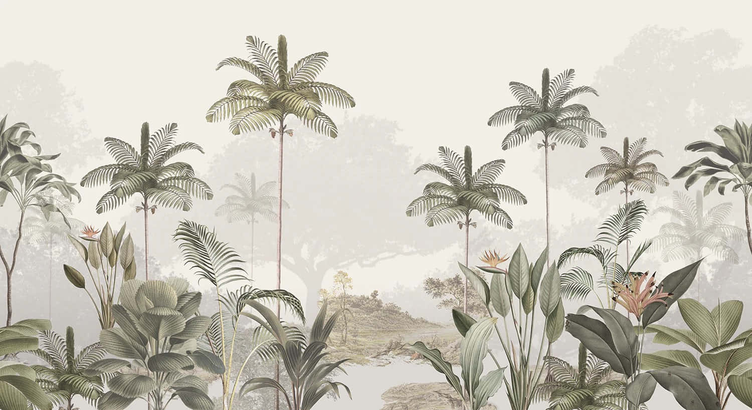  壁紙 — 高大的棕櫚樹和茂密的熱帶植物在柔和的色調中穿過迷霧叢林層次聳立。