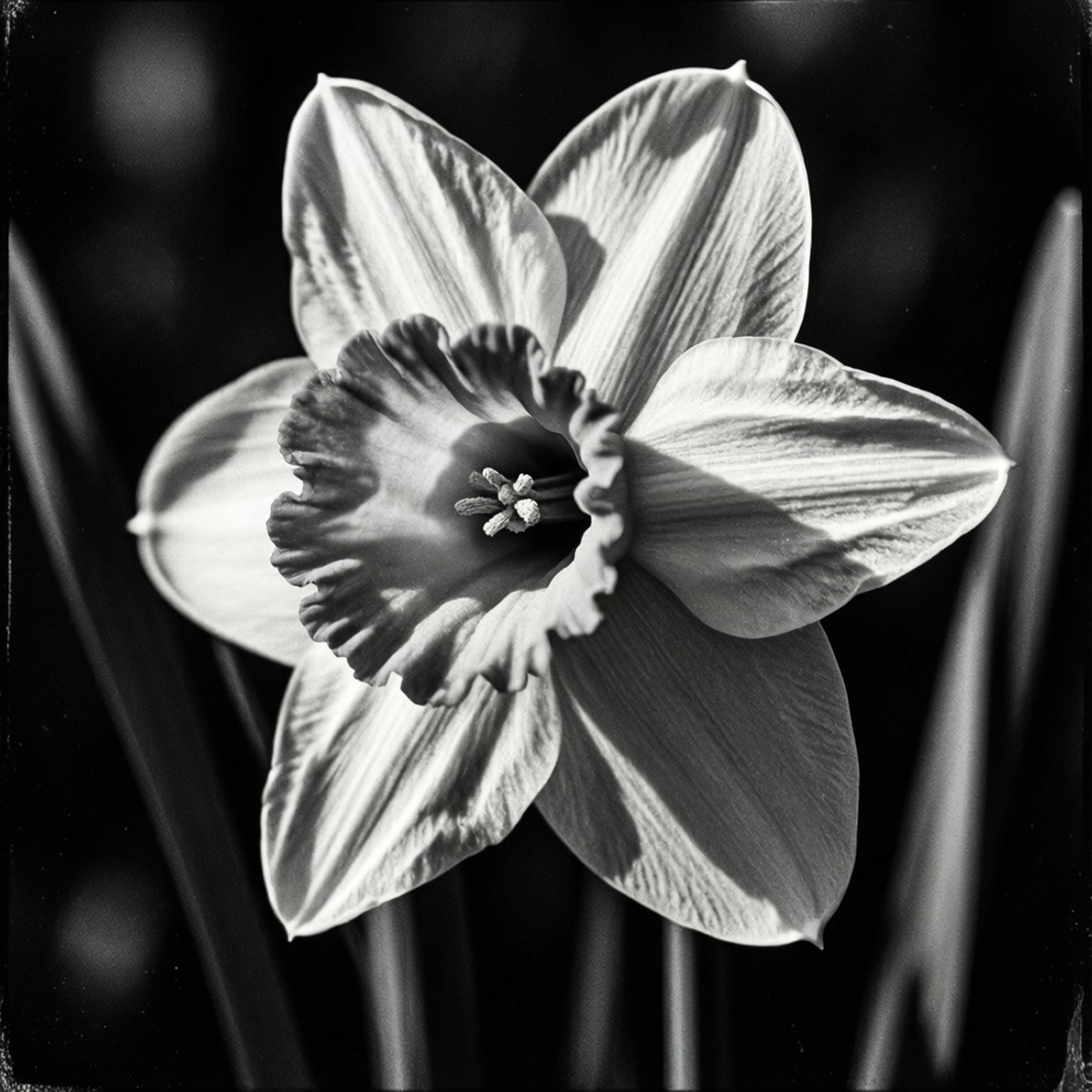 Monochrome Daffodil 壁紙 — 高對比黑白特寫，水仙花有皺褶副冠和細膩花瓣脈絡，背景為深色模糊。