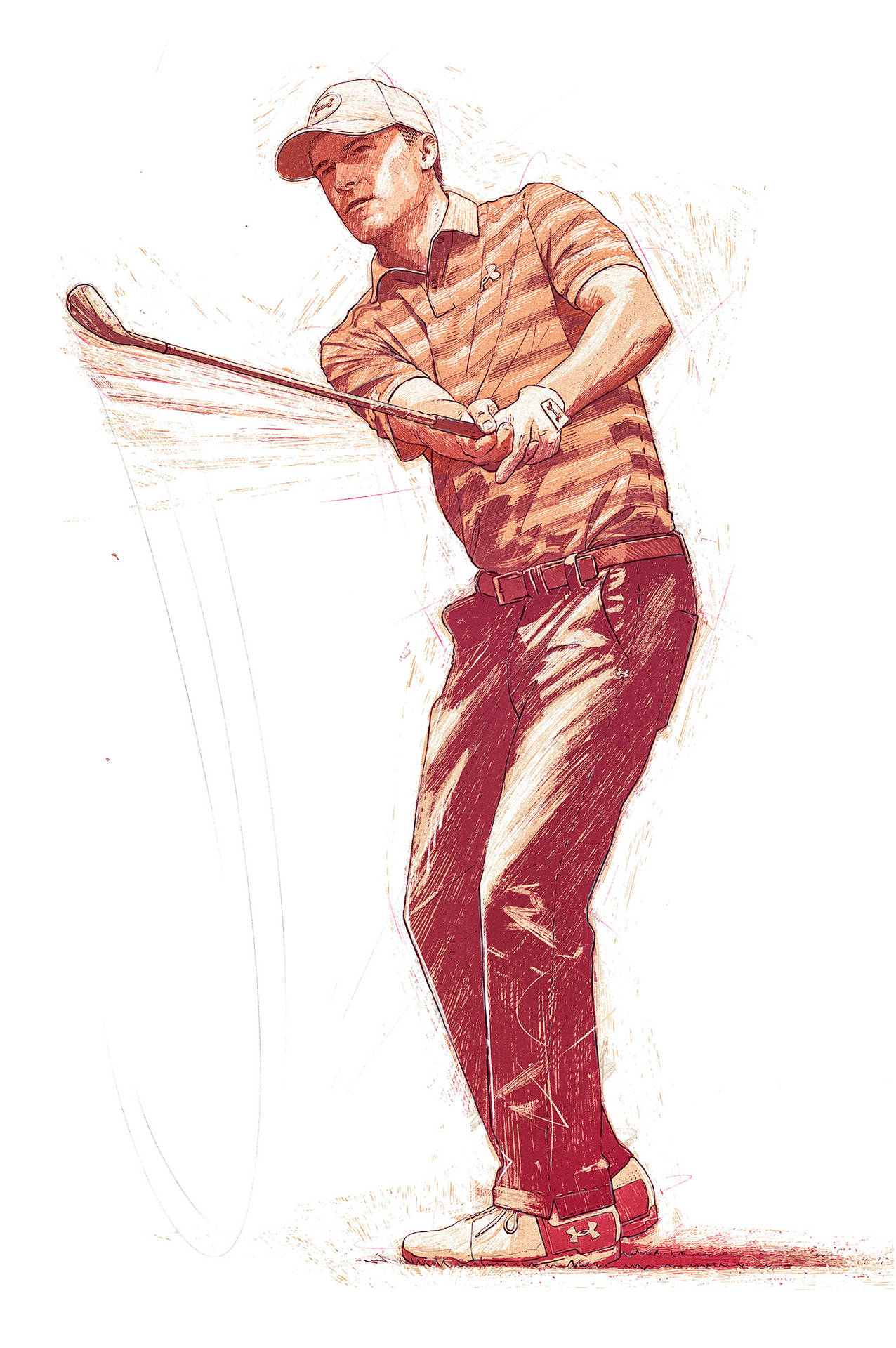 一名男性高爾夫球手在揮桿中途的紅白素描插圖。 — Jordan Logo 壁紙