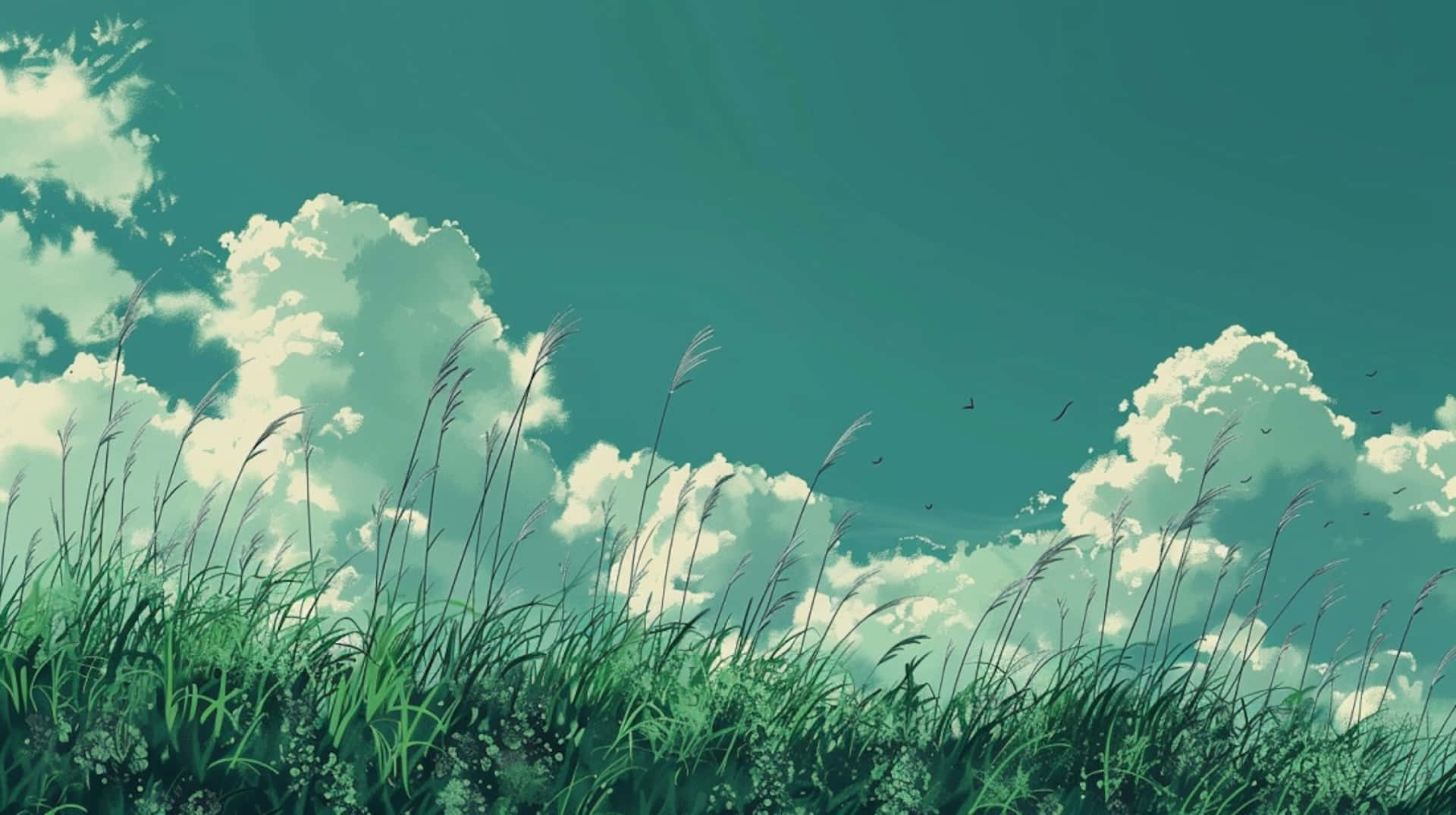  壁紙 — 高高的草在青綠色天空下搖曳，天空點綴著蓬鬆的白雲和遠處飛翔的鳥兒。