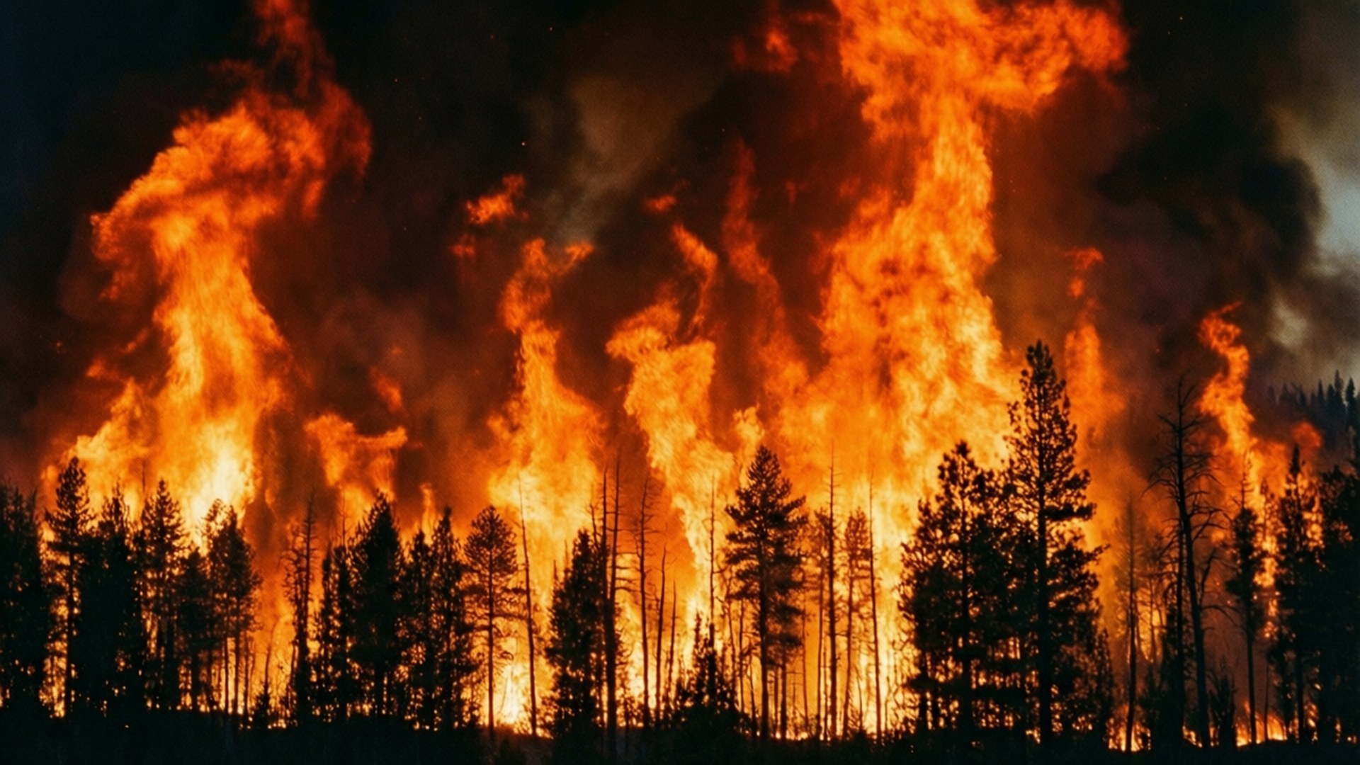 Epic Forest Fire 壁紙 — 高聳的橙色火焰在夜間吞噬森林，將火光投射在剪影般的松樹上。