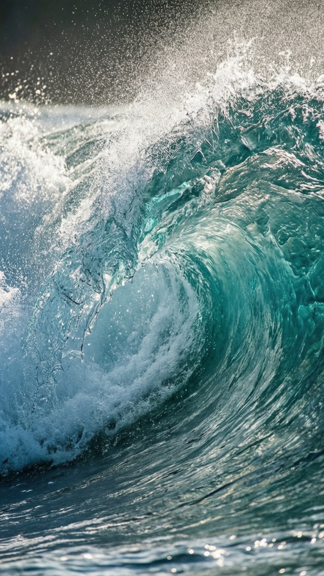 Turquoise Wave 壁紙 — 高聳的綠松石海浪捲成完美的桶狀，泡沫般的白色飛沫在暗色海水中爆炸。