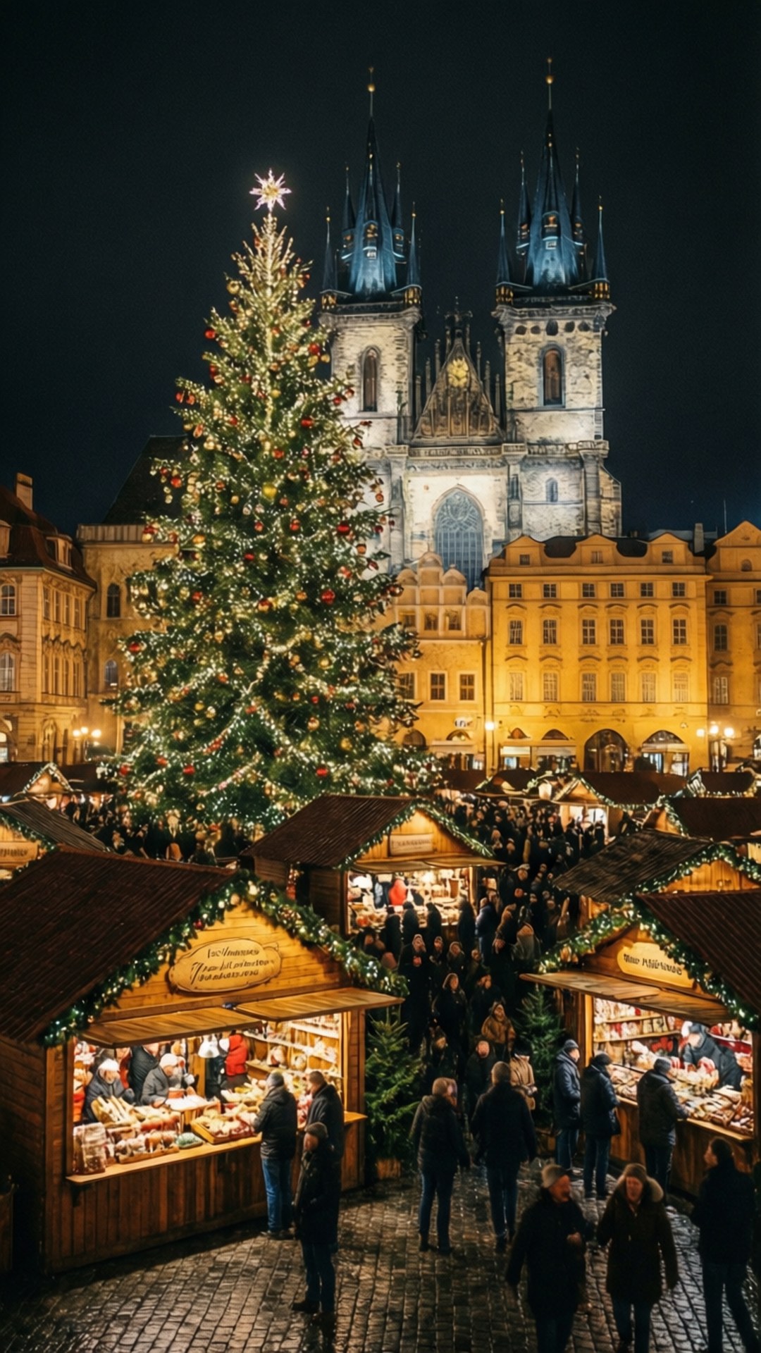 Prague Christmas Market 壁紙 — 一棵高聳的聖誕樹裝飾著燈飾和飾品，矗立在繁華的夜市中，下方是歷史悠久的大教堂被照亮的哥德式尖塔。