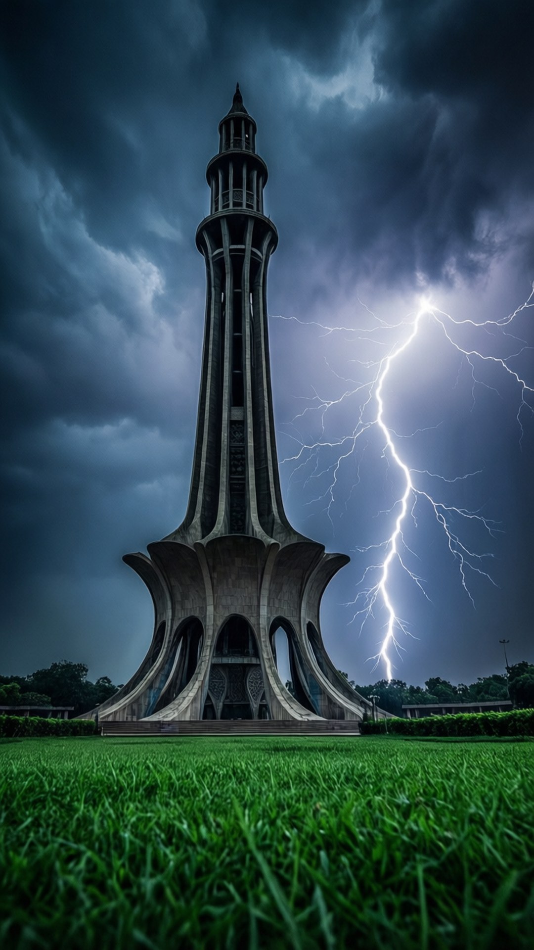 Storm Over Minar-e-Pakistan 壁紙 — 一座高聳的石碑，帶有拱形底座，矗立在暴風雨的天空下，附近有明亮的閃電劃過。
