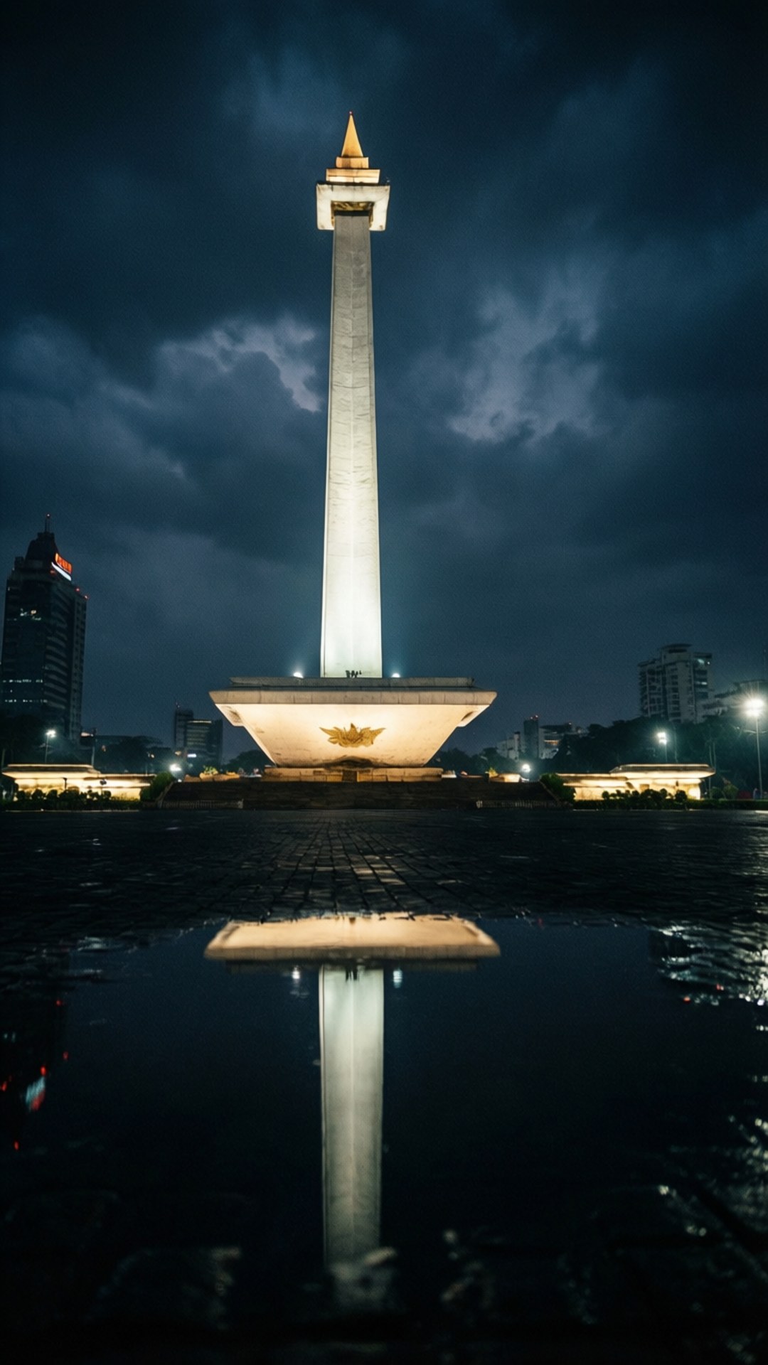 Monas Night Reflection 壁紙 — 一座高聳的發光紀念碑在暴風雨的夜空中高高聳立，其完美的倒影映照在下面的水坑中。