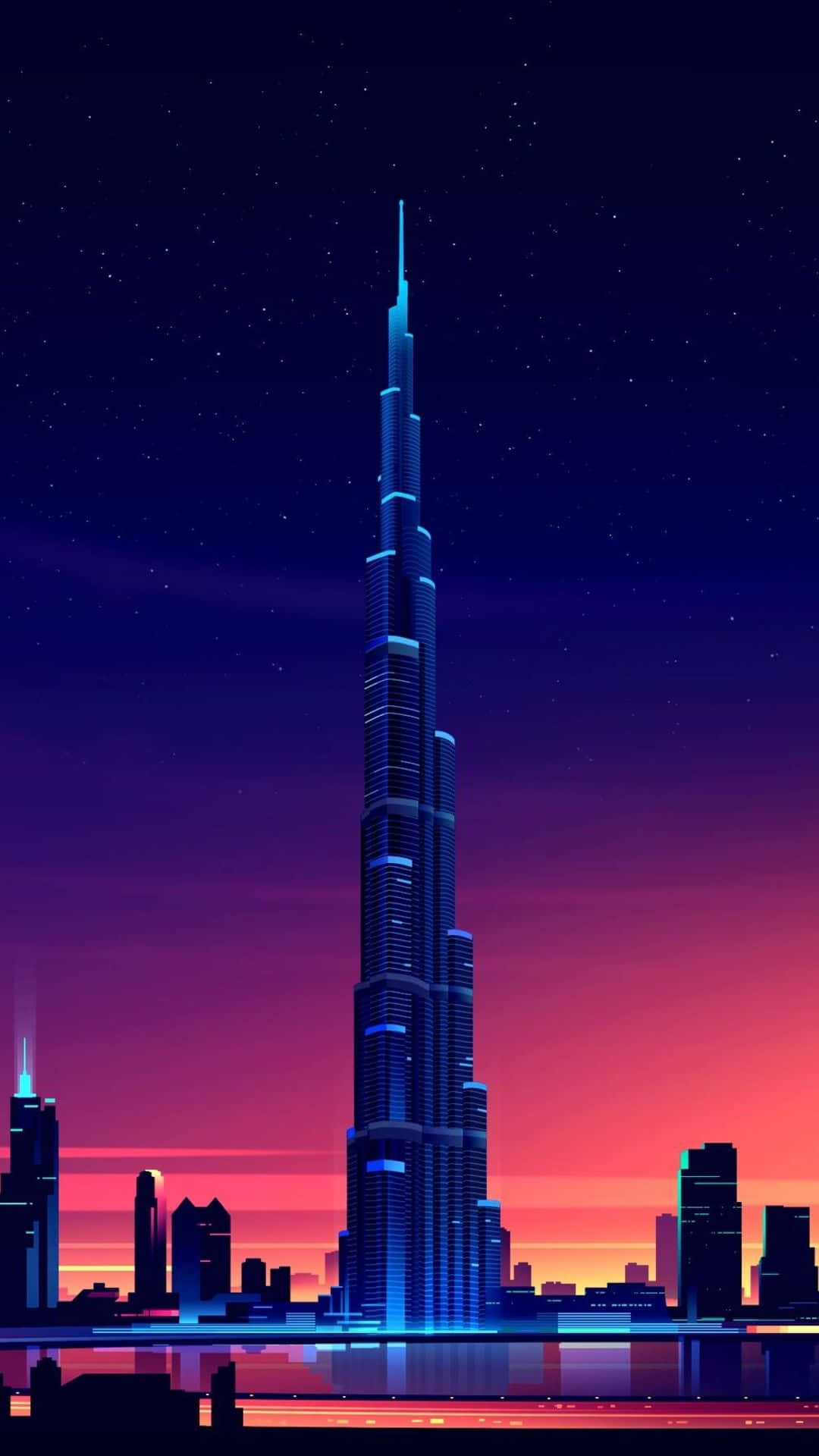 Burj Khalifa 桌布 壁紙 — 一座高聳的摩天大樓在點綴著星星的紫色和橙色暮色天空中發出藍色光芒。