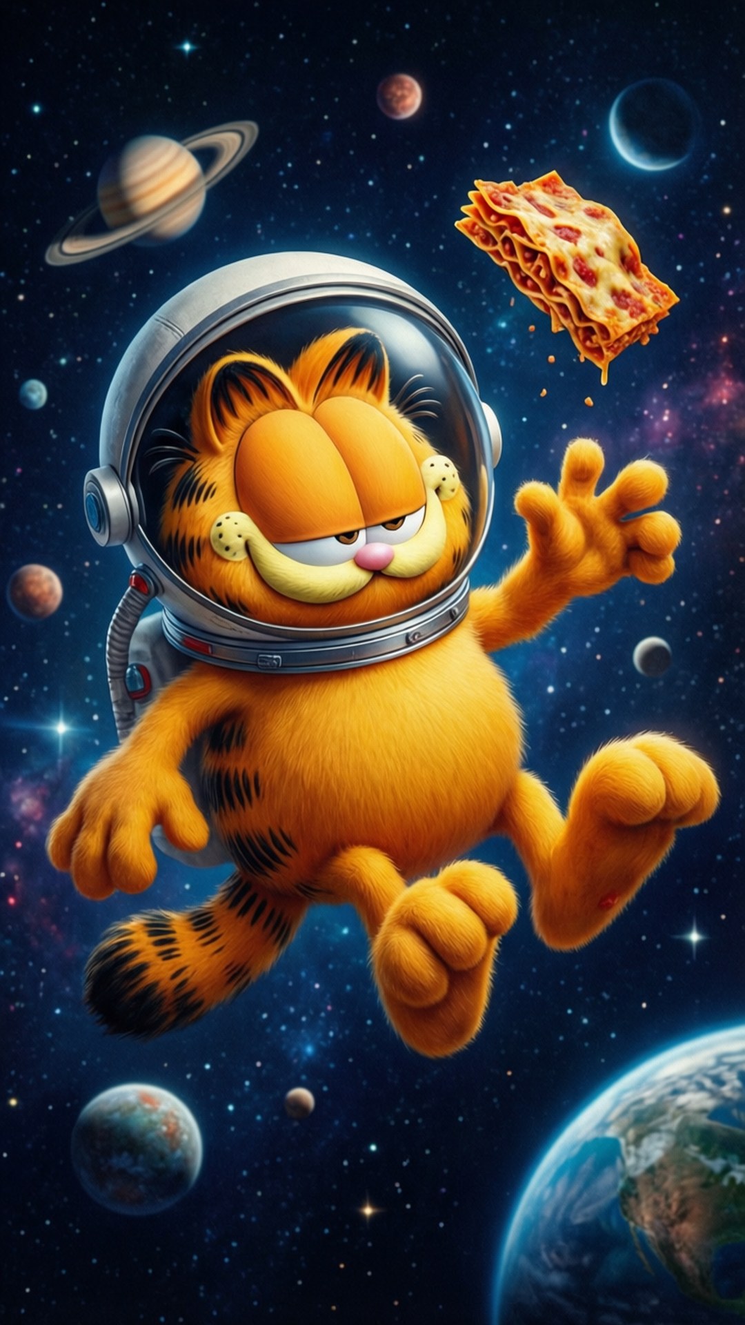 Space Garfield Adventure 壁紙 — 加菲貓穿著太空衣漂浮在太空中，伸手去拿一片義大利辣香腸披薩，背景有行星和星星。