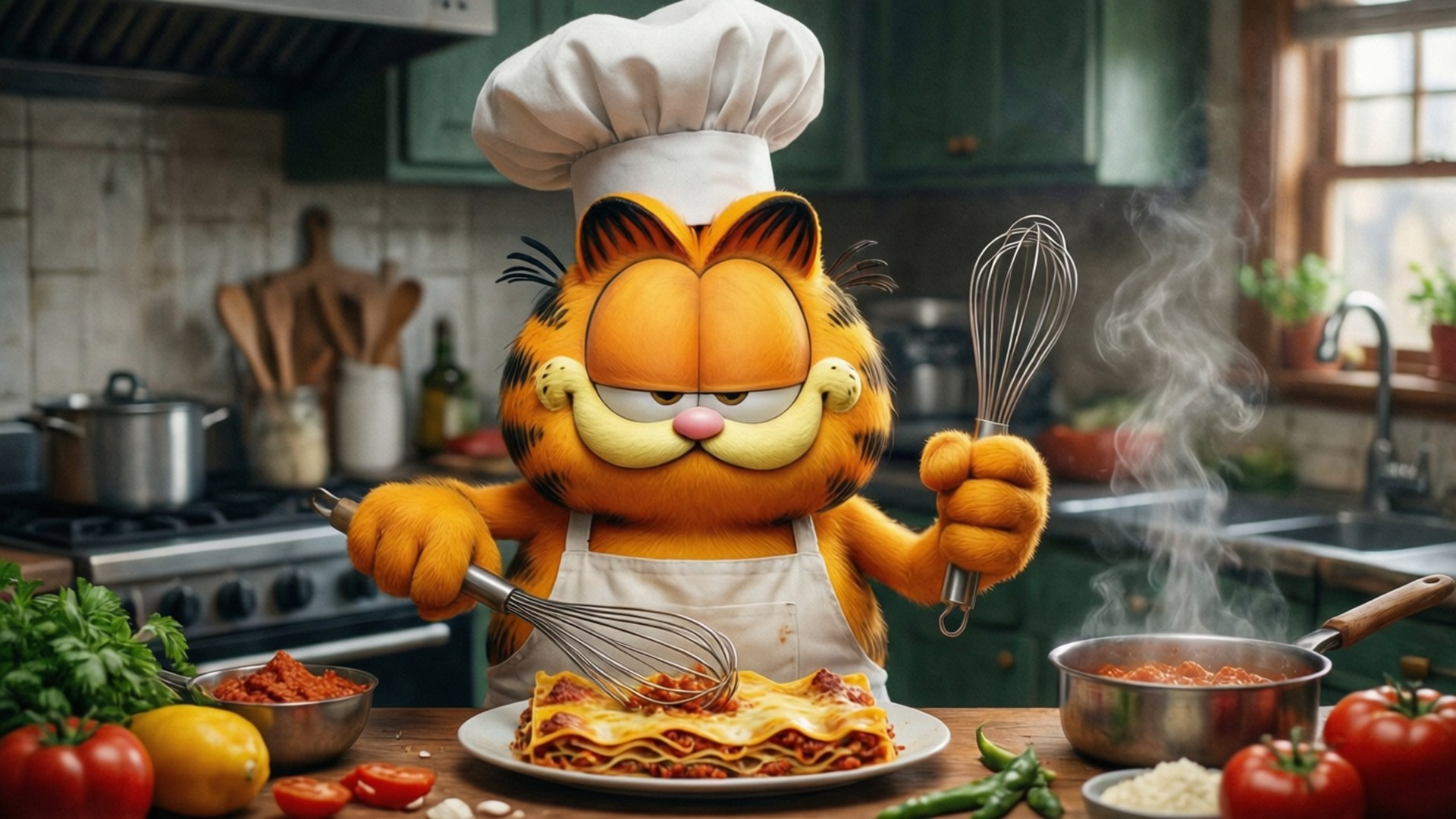 Master Chef Garfield 壁紙 — 加菲貓，橙色的貓，戴著廚師帽和圍裙，用兩個打蛋器在一個充滿新鮮食材和冒煙鍋子的廚房裡攪拌千層麵。