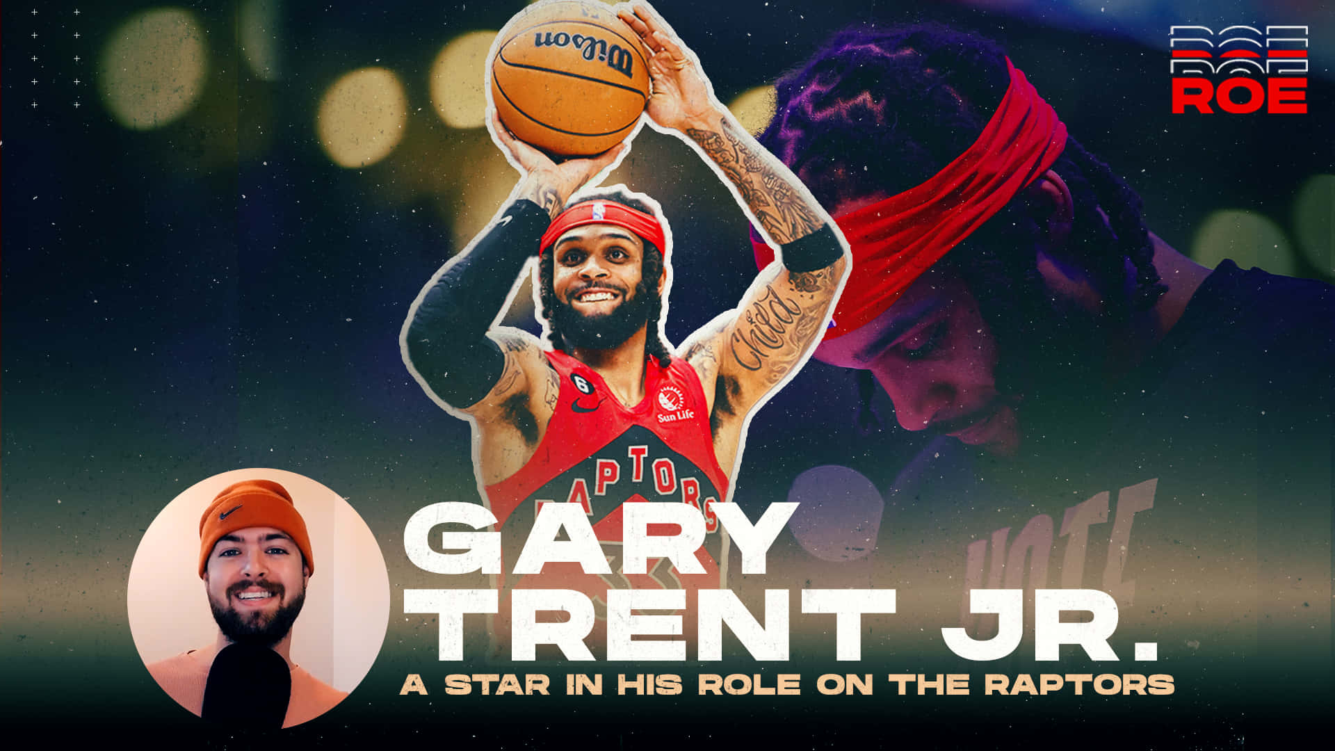 Gary Trent Jr. 身穿暴龍球衣，在舞台燈光下投籃，紋身清晰可見。 — NBA 壁紙