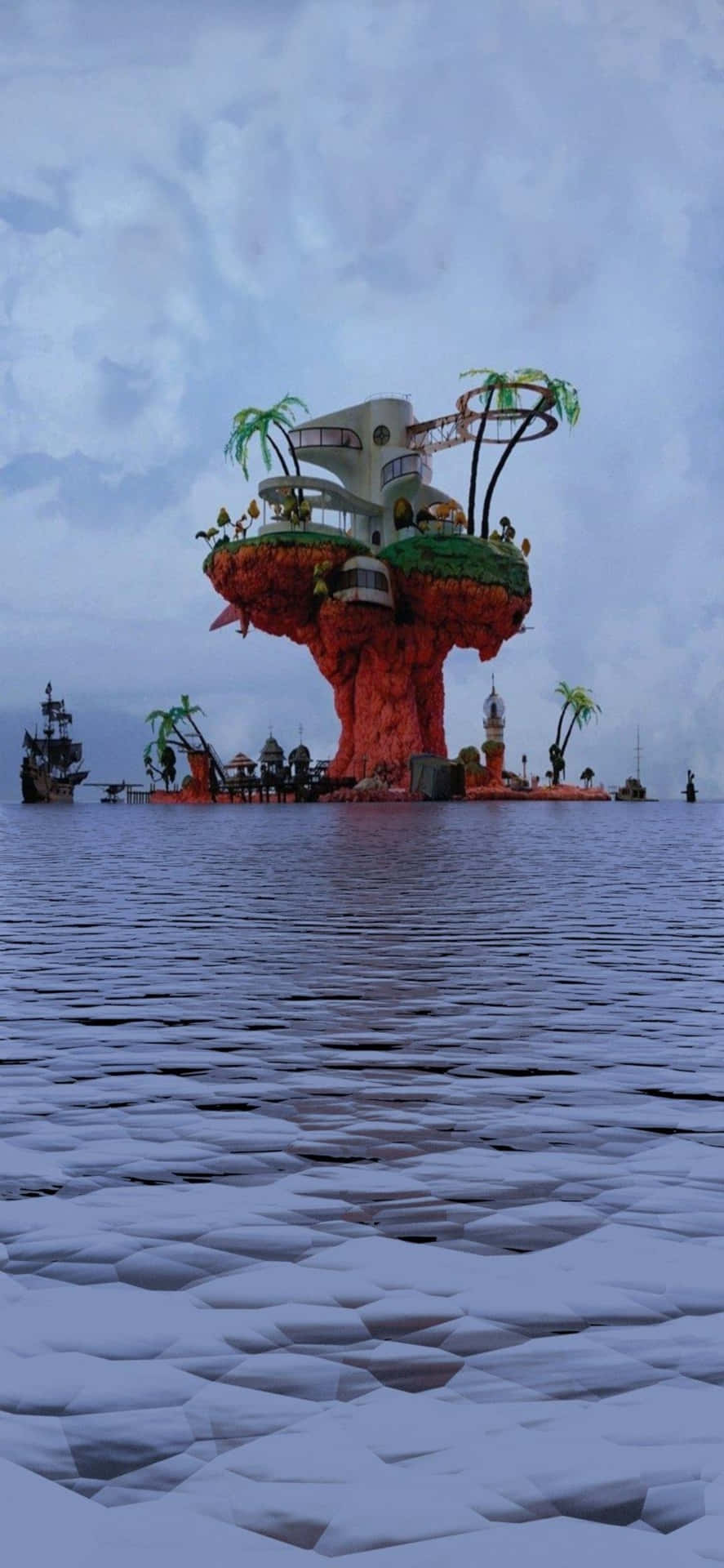 浮島上有未來主義建築和棕櫚樹，位於冰凍水域之上。 — iPhone X 壁紙