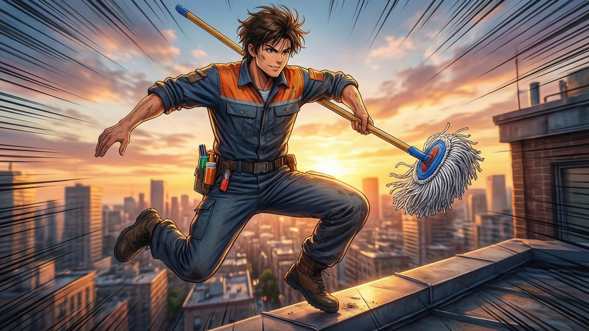 Sawyer The Cleaner 桌布 壁紙 — 一個充滿活力的動漫清潔工在屋頂上跳躍，揮舞著拖把，背景是充滿活力的日落城市景觀。
