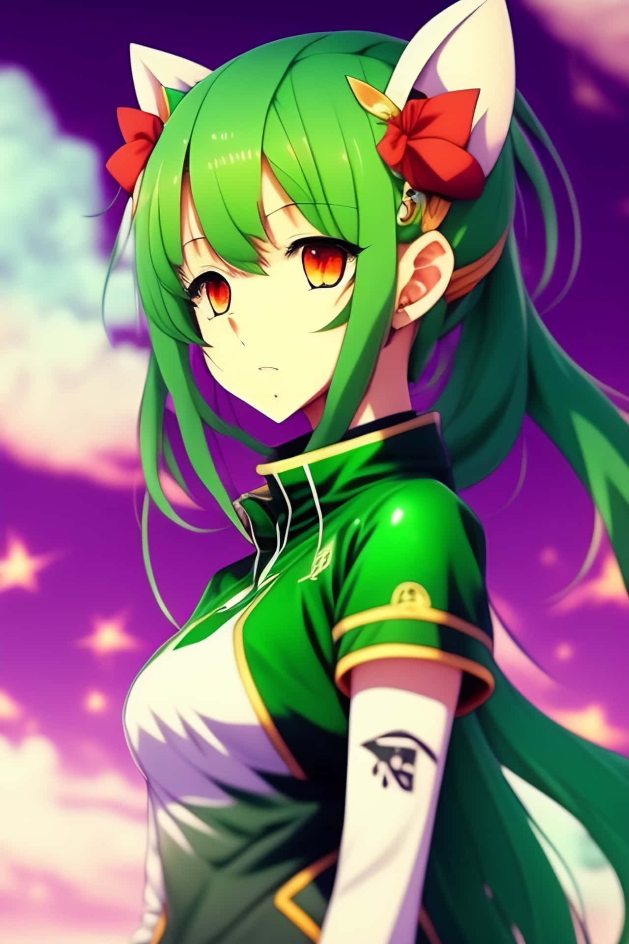  壁紙 — 一個充滿活力的動漫女孩，綠色頭髮和貓耳朵，溫柔地凝視著繁星點點的紫色天空。