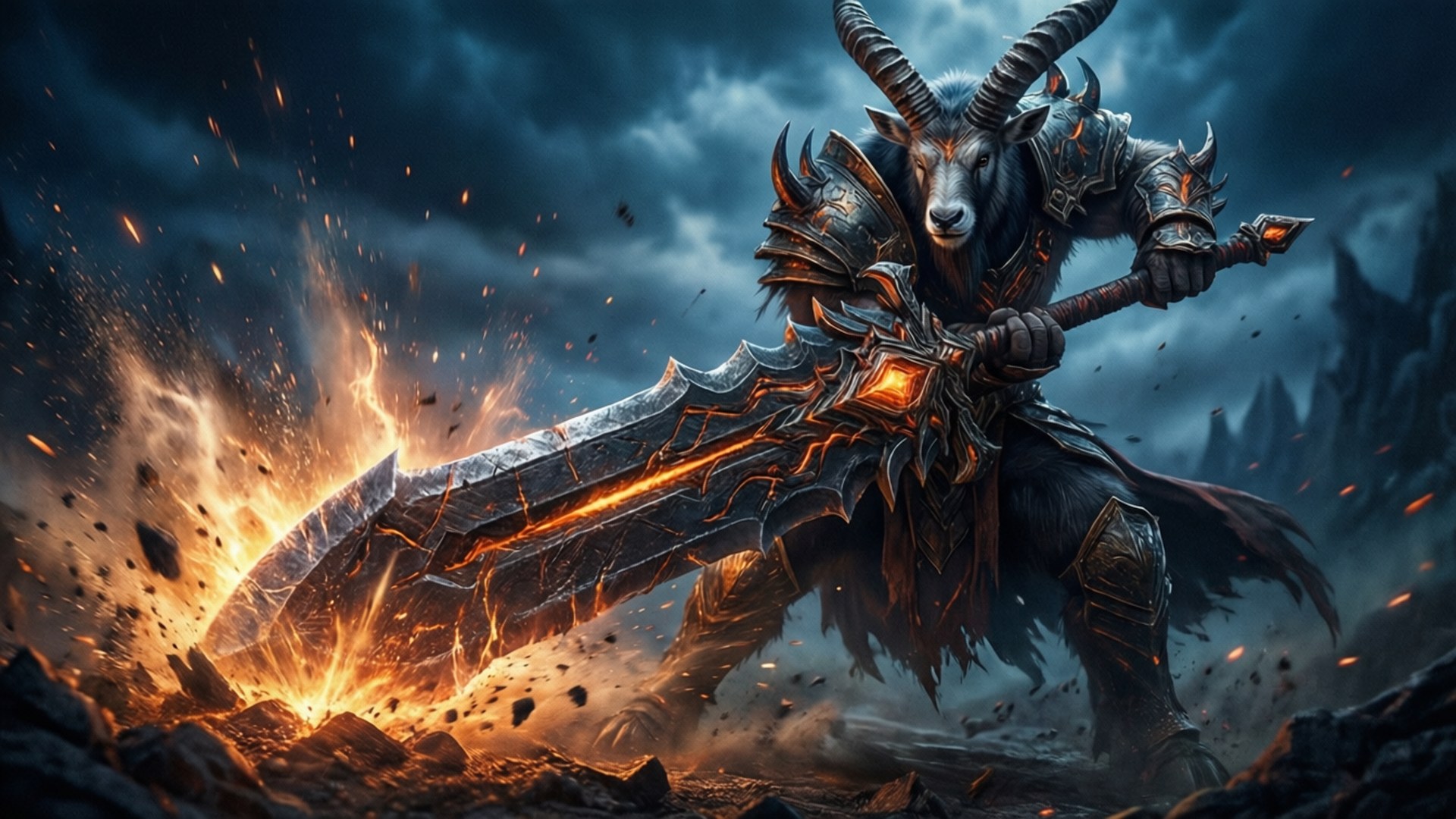 Destiny Oryx 桌布 壁紙 — 一個身穿暗色盔甲、長角的山羊戰士，在火花四濺和暴風雨的天空中揮舞著一把巨大的發光劍。