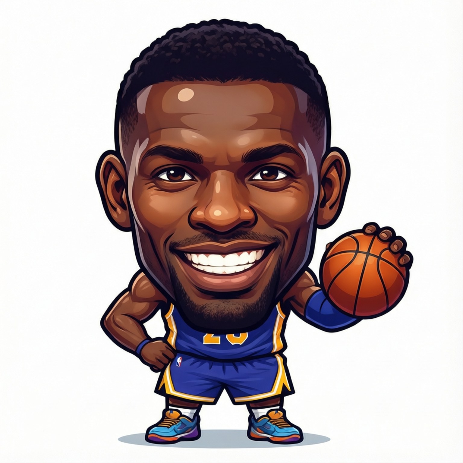 Chibi Ibaka 壁紙 — 一個身穿藍金色制服、笑容燦爛的卡通籃球運動員，手持一個橙色籃球。
