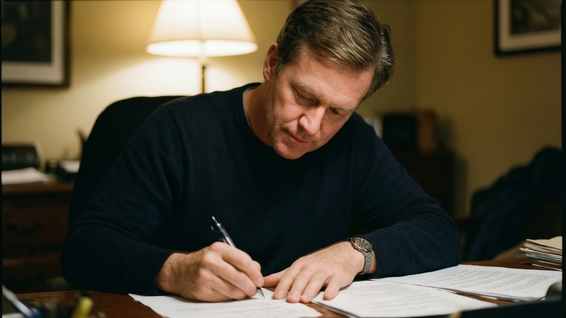 Writing Policies 壁紙 — 一個穿著深色毛衣的男人在溫暖的燈光下，專注地在木桌上簽署文件。