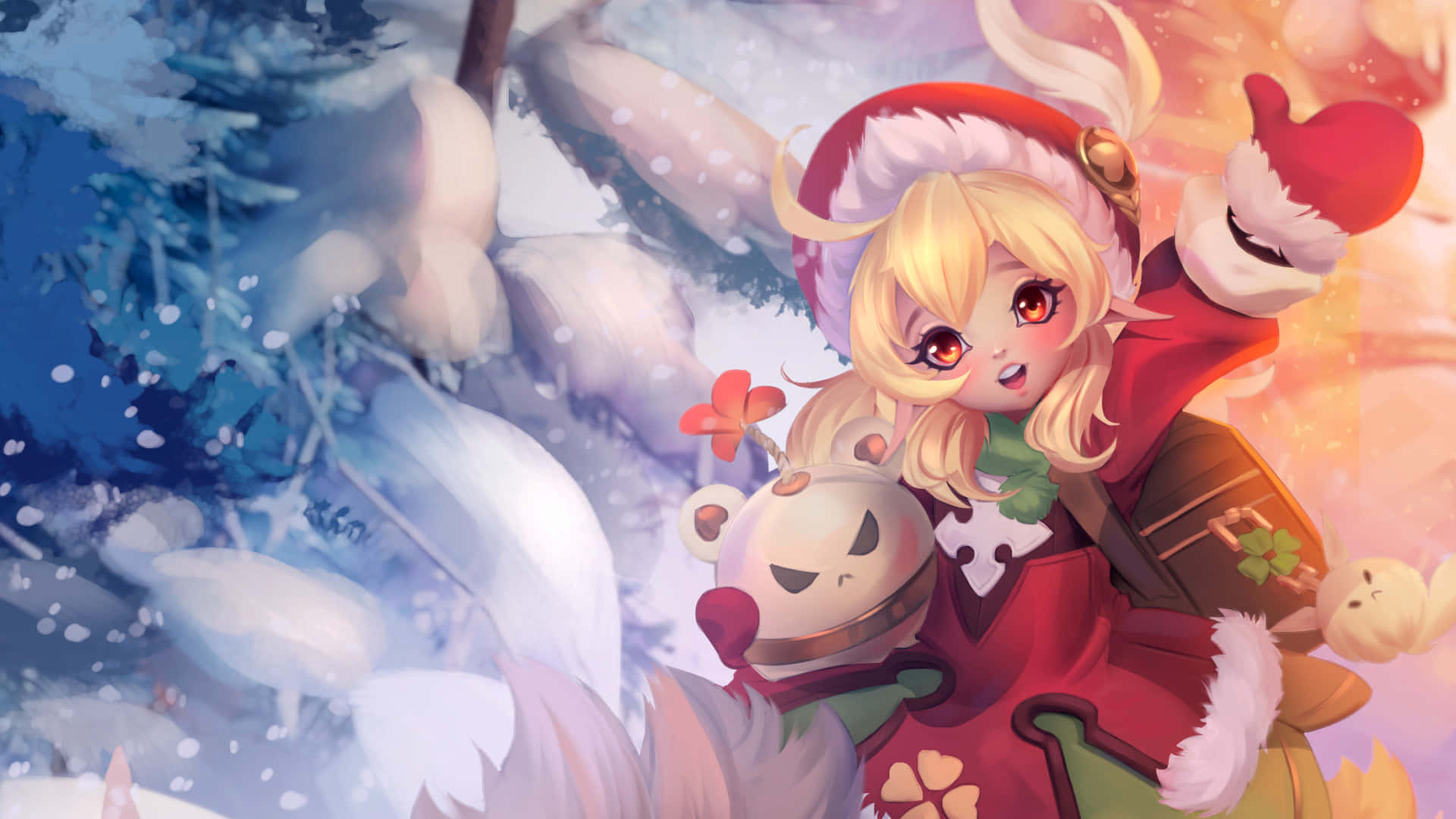  壁紙 — 一個穿著紅色聖誕老人服裝的開朗動漫女孩在雪松和飄落的雪花中揮手。