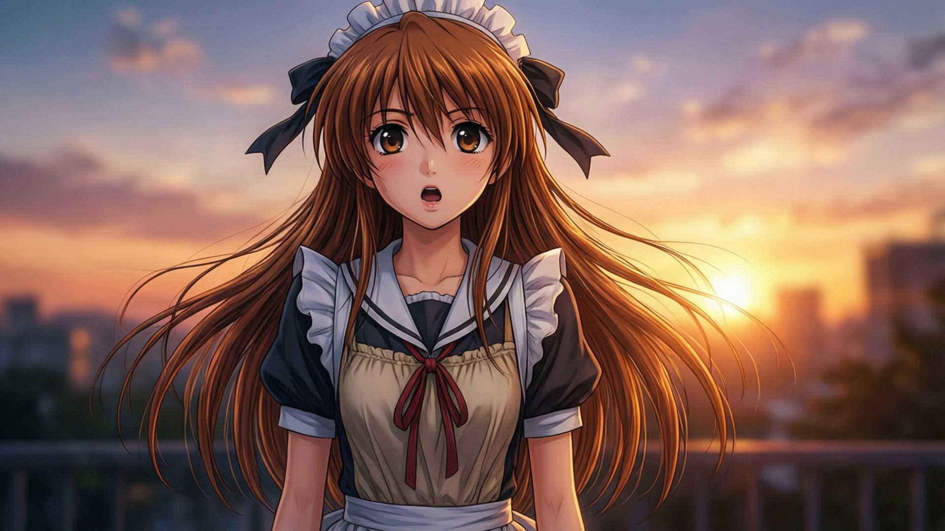 Misaki Let Loose 壁紙 — 一個穿著女僕裝的驚訝動漫女孩站在陽台上，夕陽落在城市天際線後面。