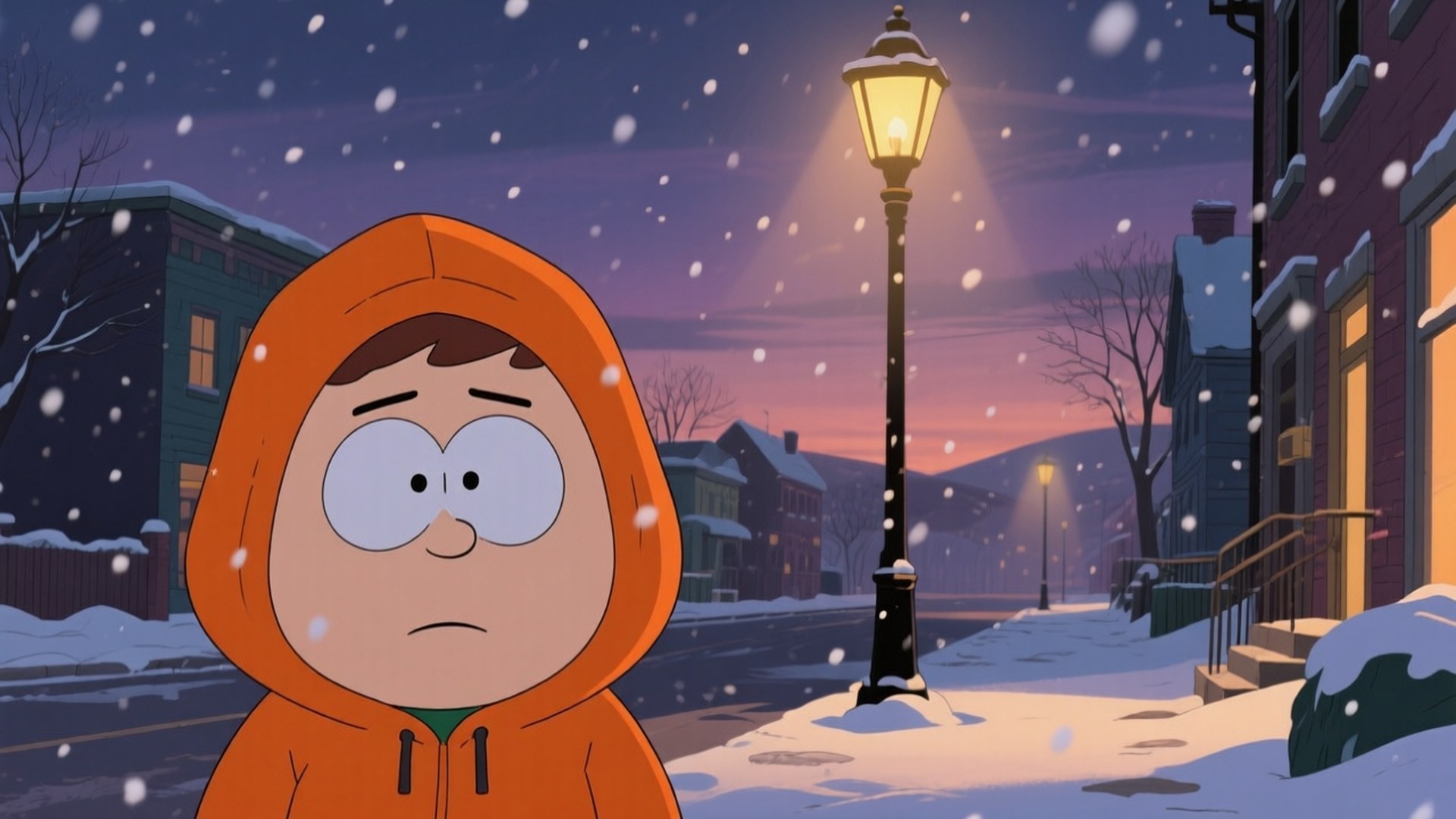 Kenny in the Snow 壁紙 — 一個穿著橙色連帽衫的卡通男孩在黃昏時獨自站在積雪的街道上，雪花在發光的街燈下飄落。
