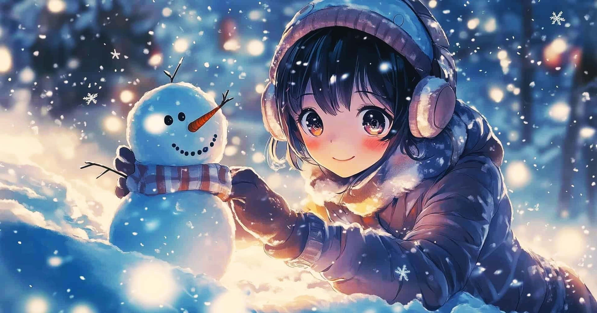  壁紙 — 一個穿著冬季服裝的開朗動漫女孩在飄雪的森林裡堆雪人時微笑。