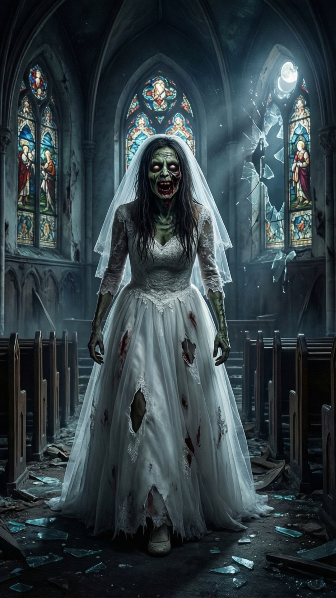 Bride Zombie in Ruined Church 壁紙 — 一個穿著破爛白色禮服的恐怖殭屍新娘站在破碎的彩繪玻璃大教堂中，周圍是破爛的長椅和碎片。
