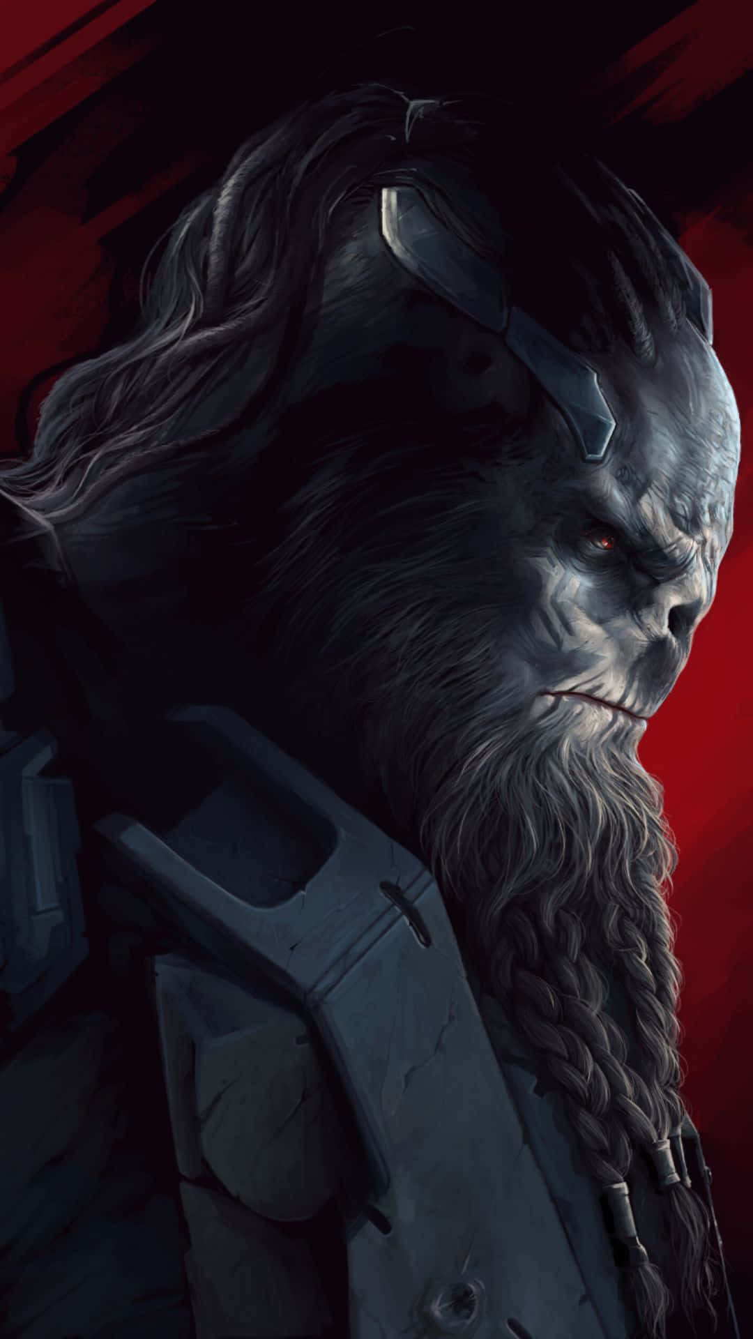 Atriox 桌布 壁紙 — 一個帶有辮子鬍鬚和發光紅眼的威脅性外星戰士，在深紅色背景下強烈凝視。