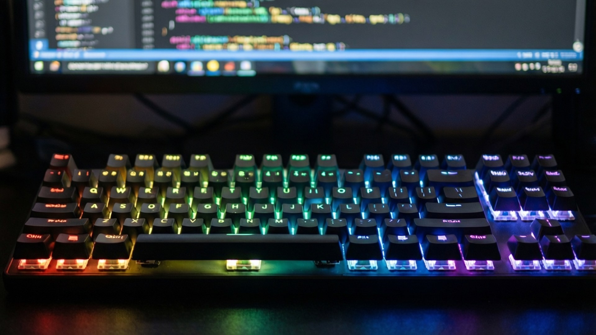 RGB Keyboard Vibe 壁紙 — 一個帶有彩虹背光的機械鍵盤放在顯示彩色程式碼的顯示器前面。