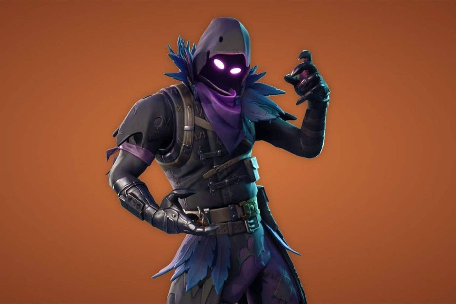 遊戲角色穿著暗色盔甲，眼睛發光，在橙色背景前擺姿勢 — Fortnite 壁紙