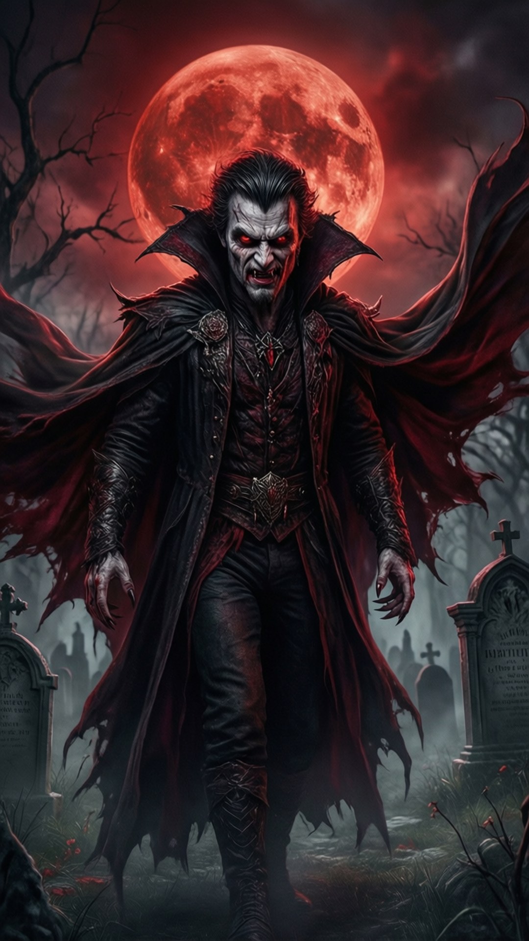 Vampire Krul 壁紙 — 一個帶有發光紅眼和飄逸紅色斗篷的威脅性吸血鬼，站在霧氣瀰漫的墓地中，血紅色的滿月之下。