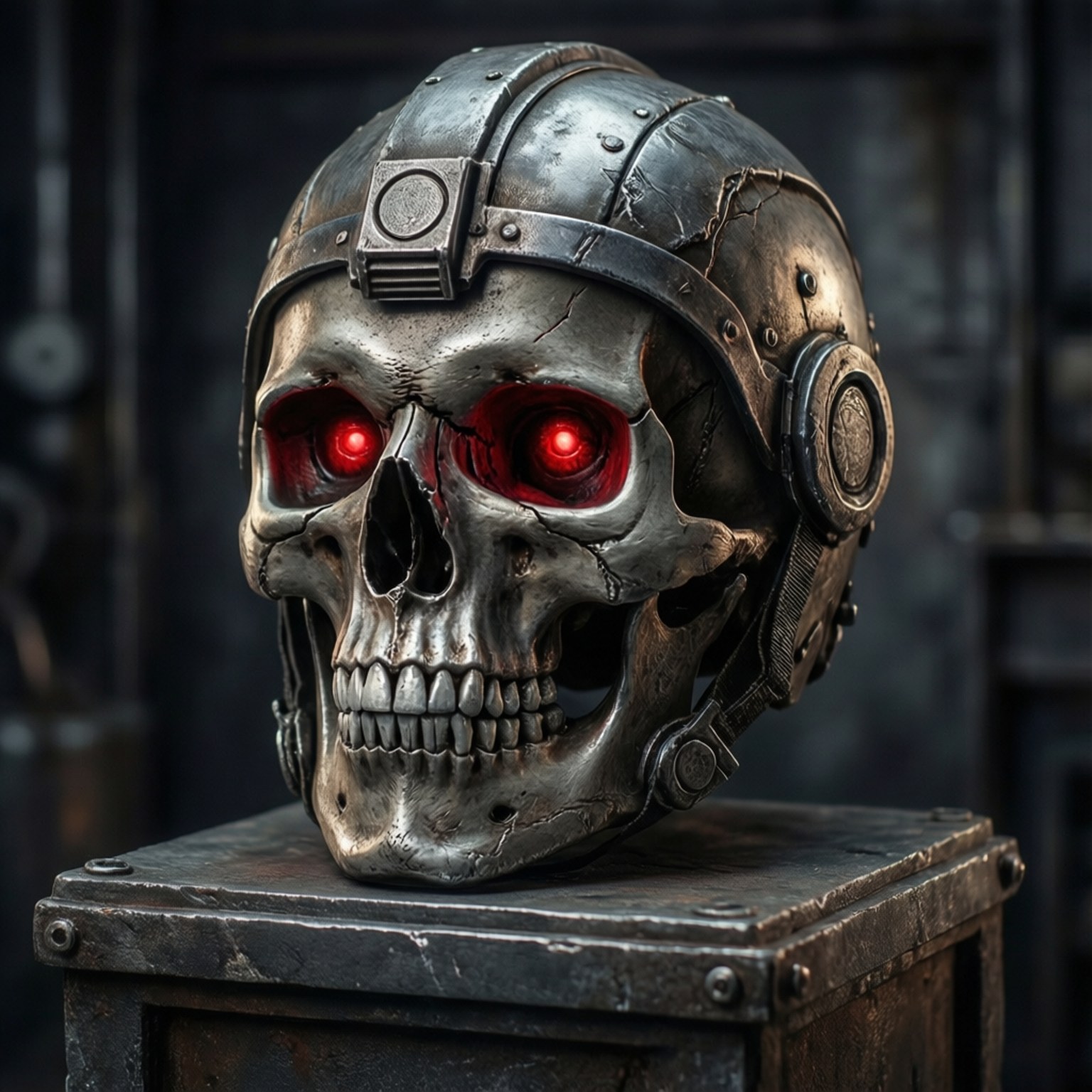 Ludens Skull Helmet 壁紙 — 一個帶有發光紅眼和鉚接金屬頭盔的賽博龐克頭骨，放置在風化的工業基座上。