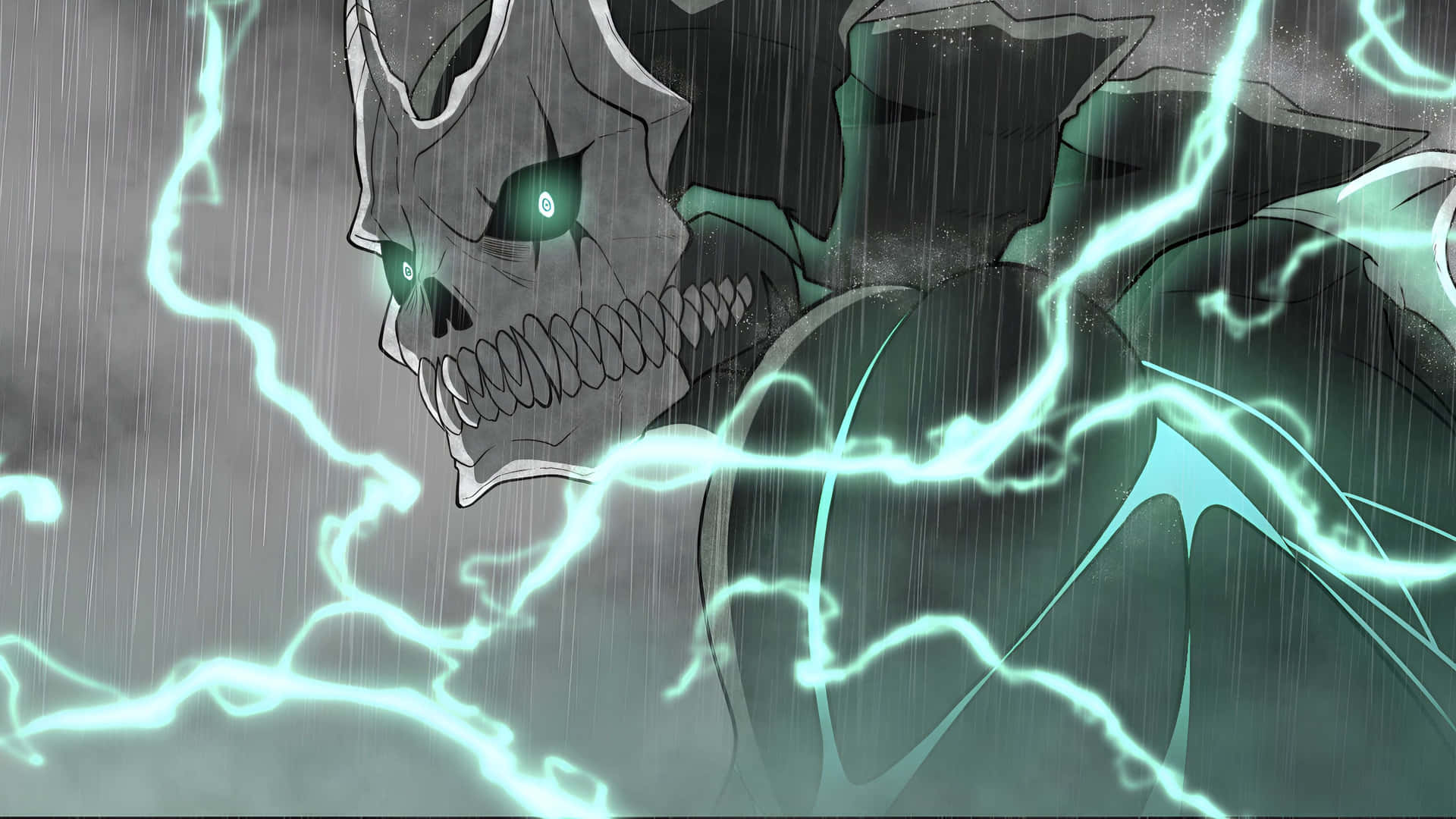  壁紙 — 一個帶有發光綠色眼睛、在暴風雨中閃電環繞頭骨的威脅性骷髏動漫角色。