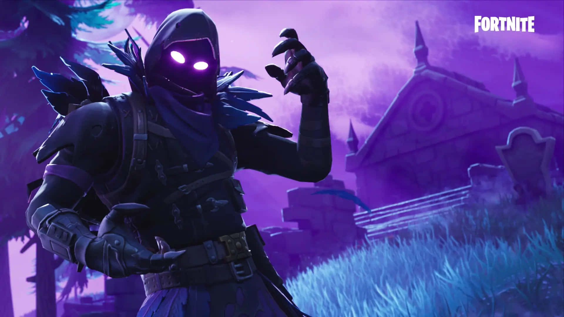  壁紙 — 一個帶有發光紫色眼睛的威脅性Fortnite角色，站在暮色天空下的鬧鬼墓地中。