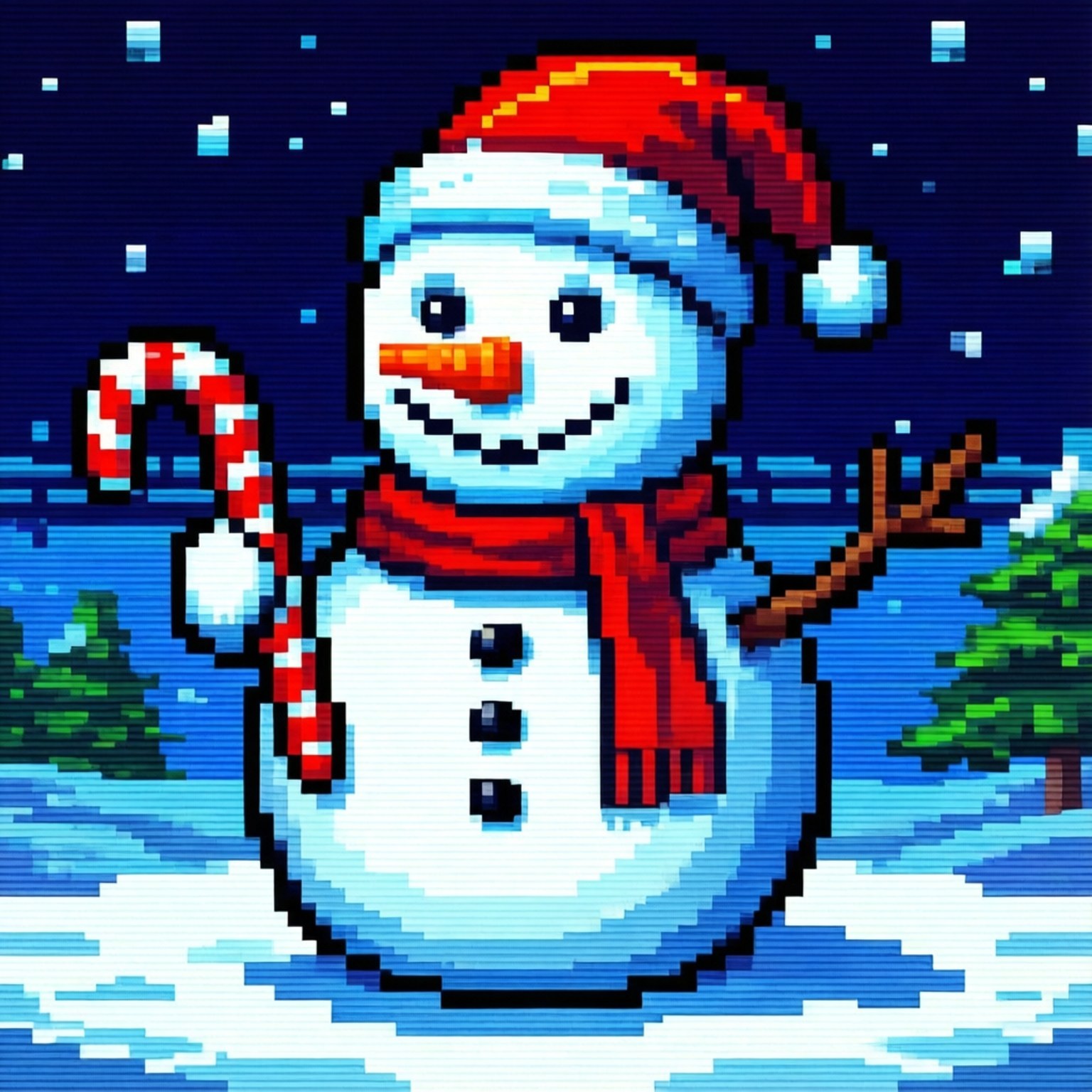 Pixel Art Snowman Retro 壁紙 — 一個戴紅帽和紅圍巾的開心像素雪人，在雪夜中手持拐杖糖，背景有松樹和飄雪。