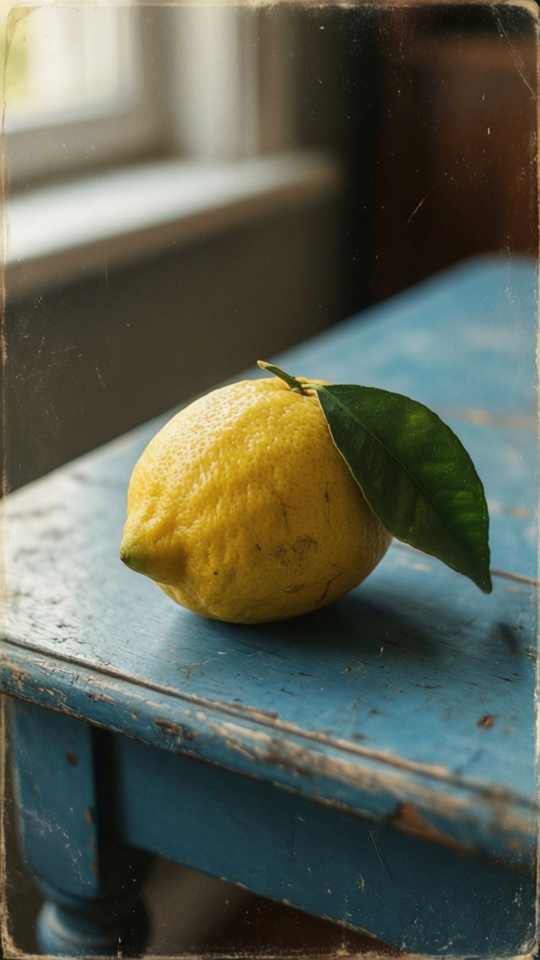 Vintage Lemon Still Life 壁紙 — 一個帶有綠葉的亮黃色檸檬放在窗邊風化的藍色木桌上。