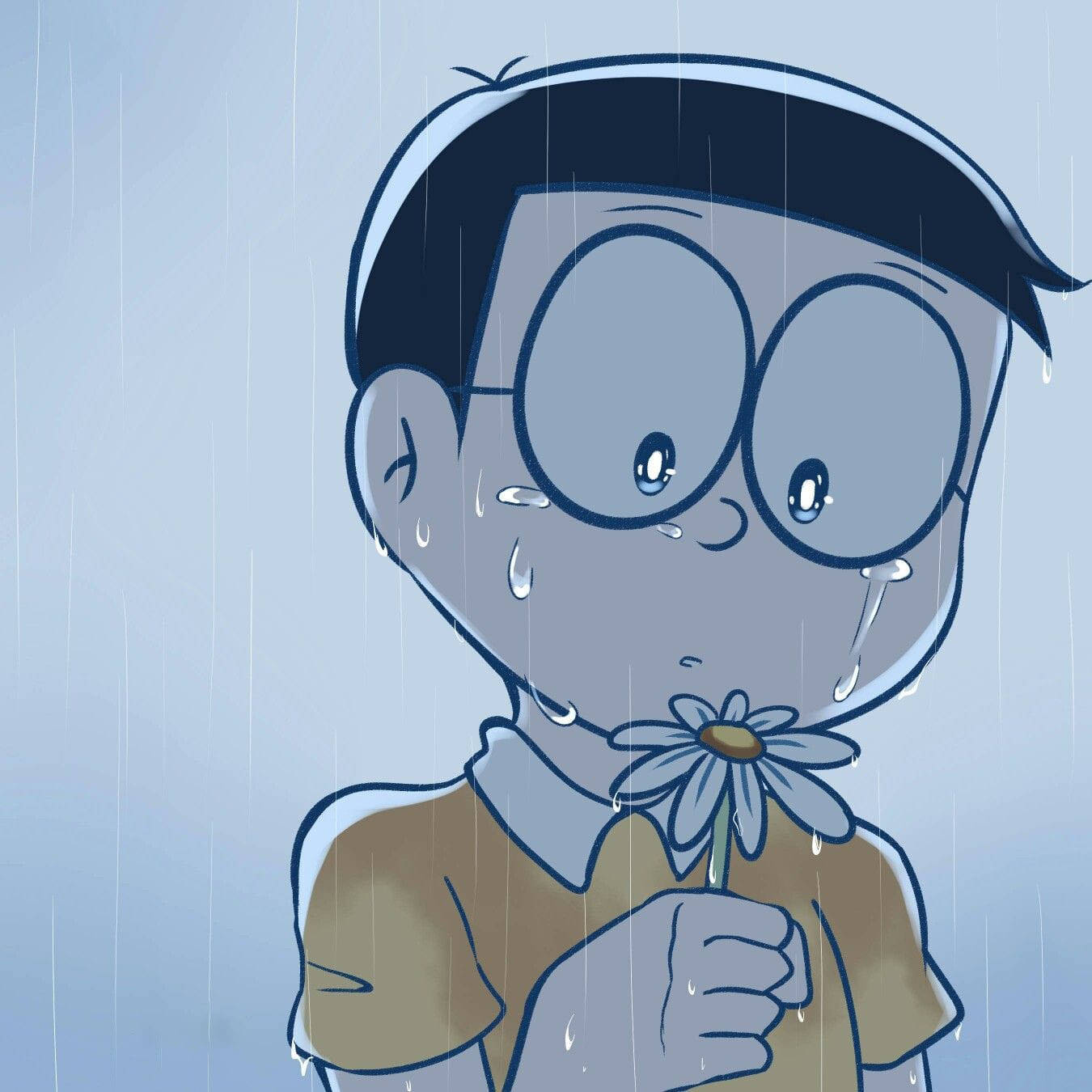 悲傷的動漫男孩在雨中手持雛菊，淚水落下。 — 傷心 壁紙