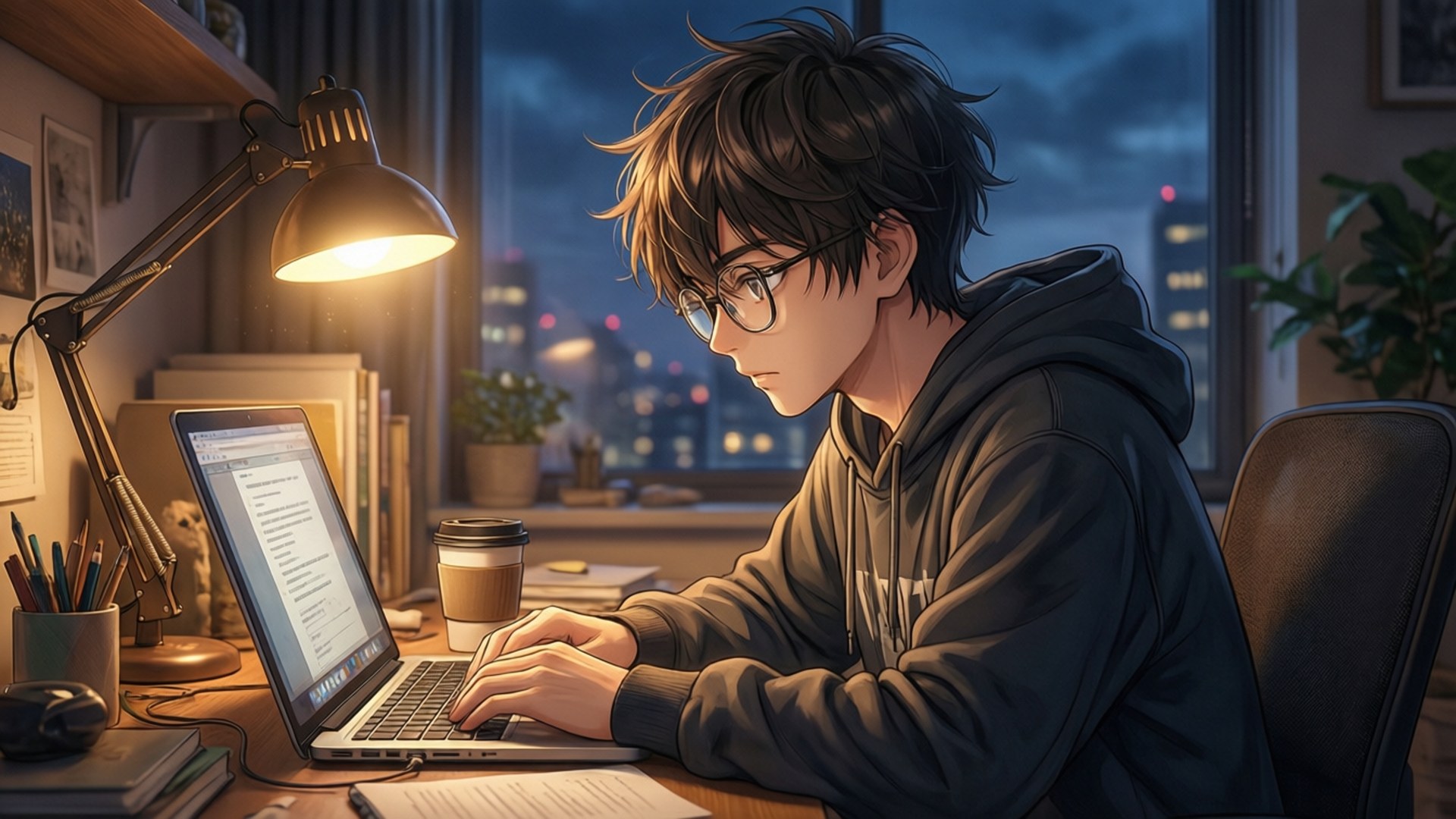 動漫男孩 桌布 壁紙 — 一個戴眼鏡的年輕動漫風格男子在溫暖的桌燈下打字，窗外夜晚的城市燈光閃爍。