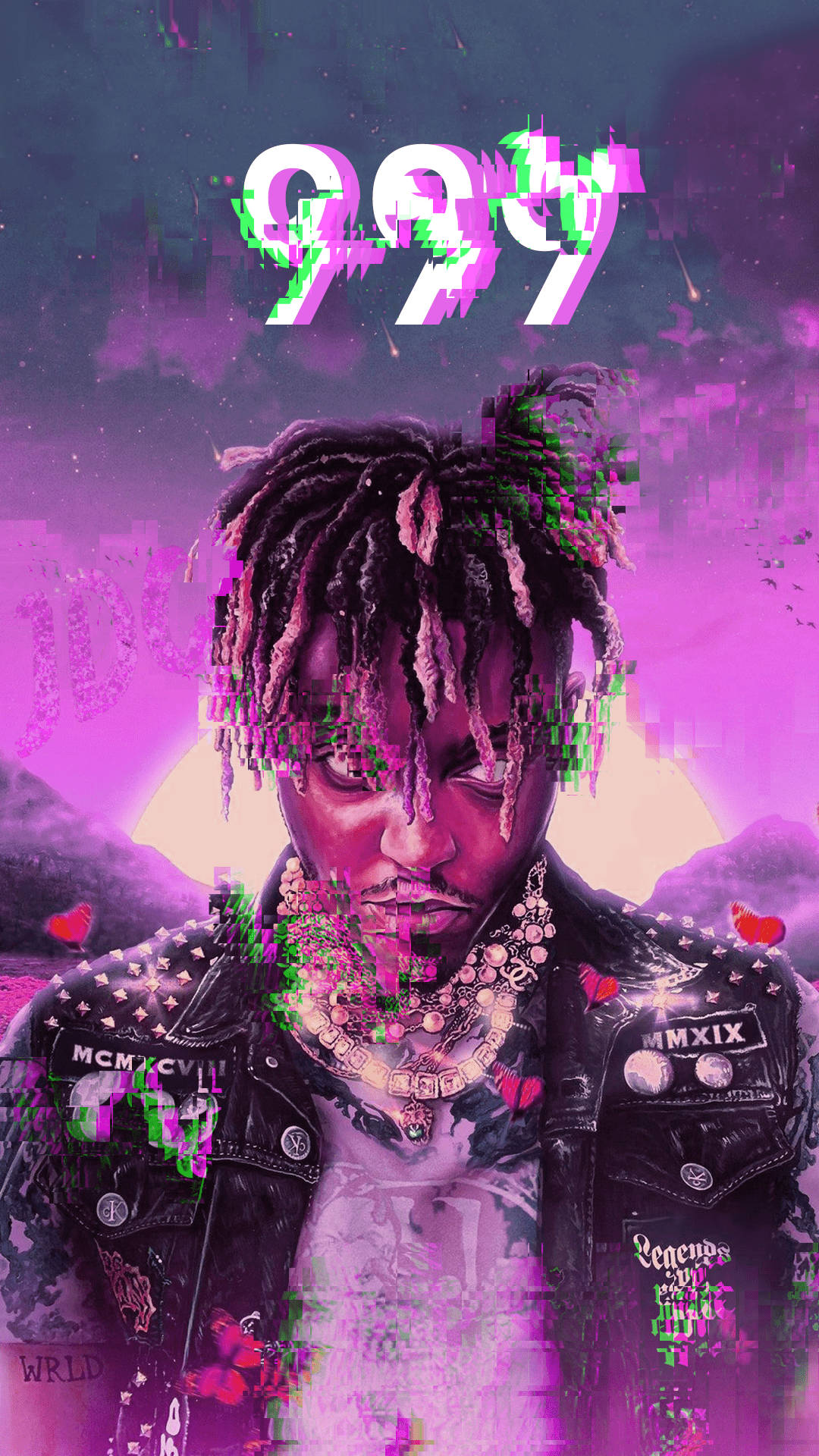 男人留著辮子，穿著鉚釘外套，在故障的紫色天空下，漂浮著心形。 — Xxxtentacion 壁紙