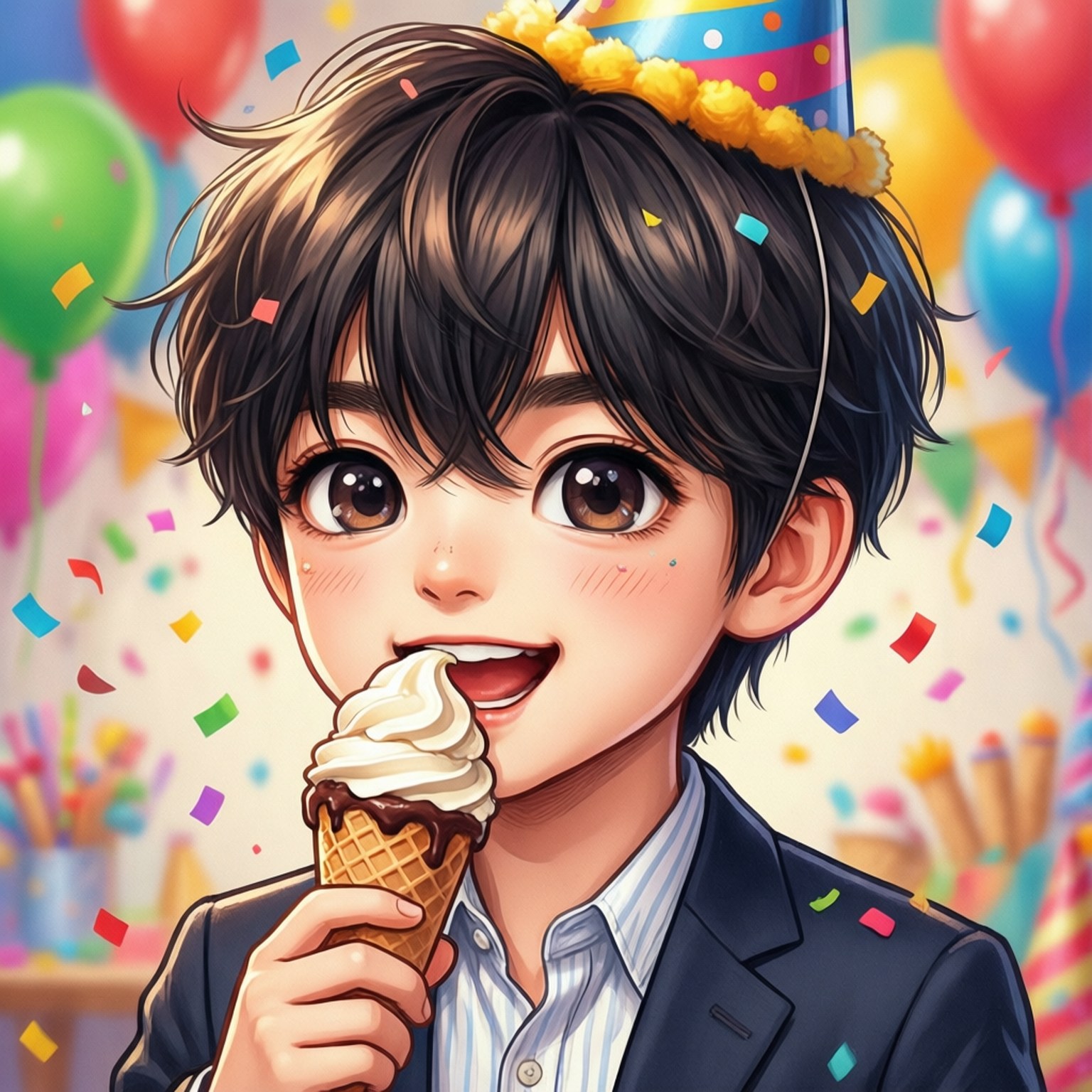 Birthday Ice Cream 壁紙 — 一個戴著派對帽的開心動畫男孩，在色彩繽紛的氣球和五彩紙屑中享受沾有巧克力的冰淇淋甜筒。
