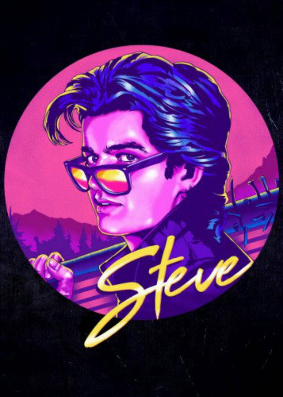 一個名為 Steve 的男士戴著太陽眼鏡，背景為霓虹粉紅和紫色的風格化插圖。 — 矢量藝術 壁紙