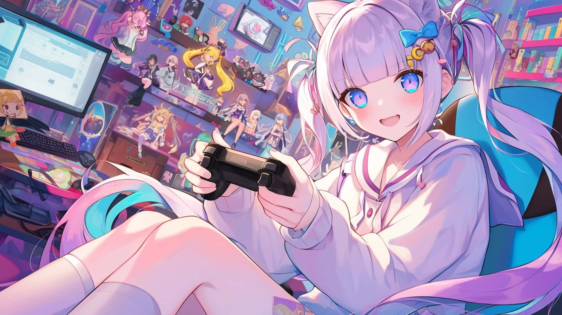 Needy Streamer Overload 桌布 壁紙 — 一個戴著貓耳、紫色頭髮的開朗動漫女孩，在一個充滿動漫公仔和發光螢幕的充滿活力的雜亂房間裡玩電子遊戲。