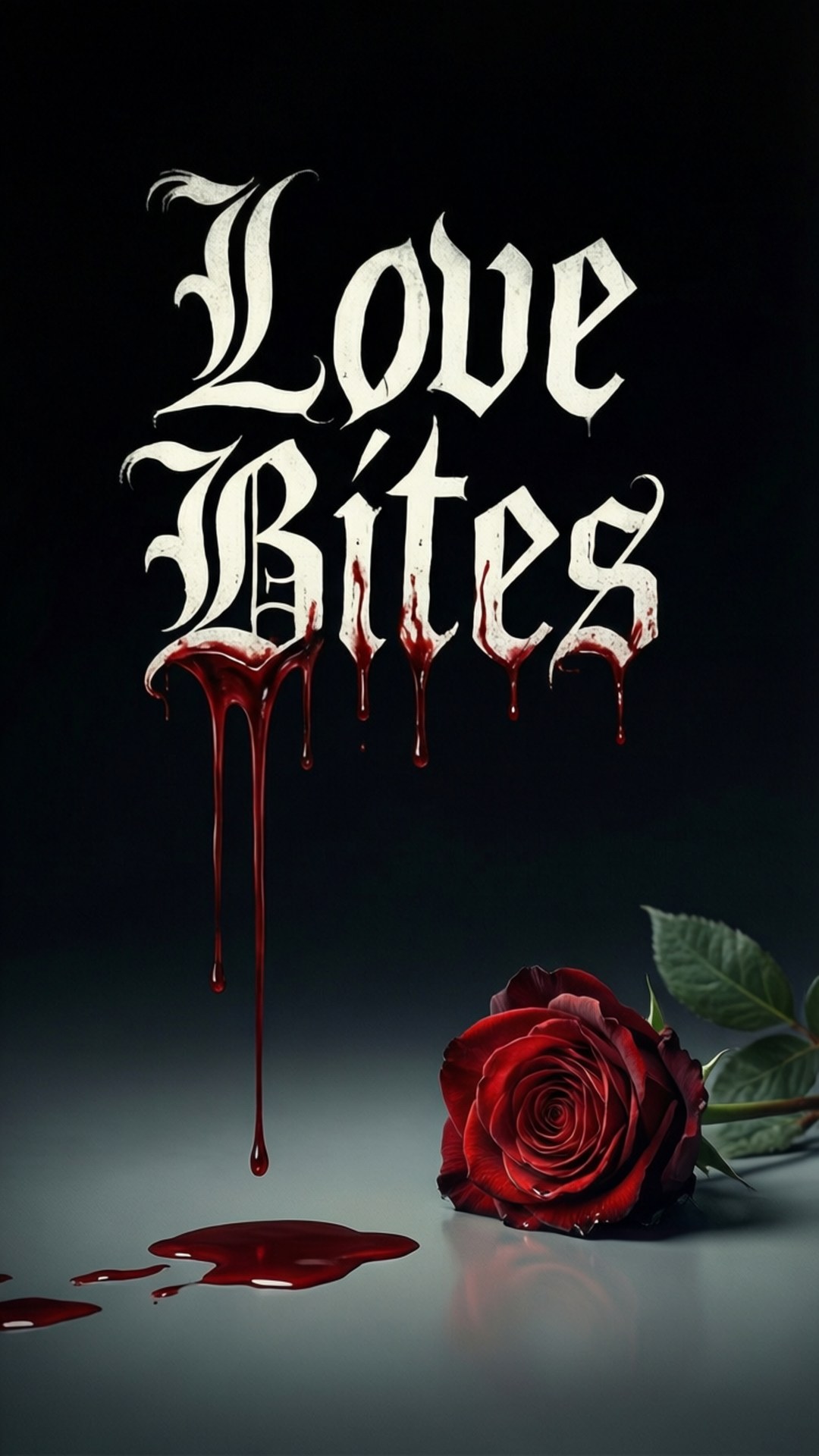 True Blood 桌布 壁紙 — 哥德式白色文字 'Love Bites' 在深色反光表面上滴血，覆蓋一朵紅玫瑰。