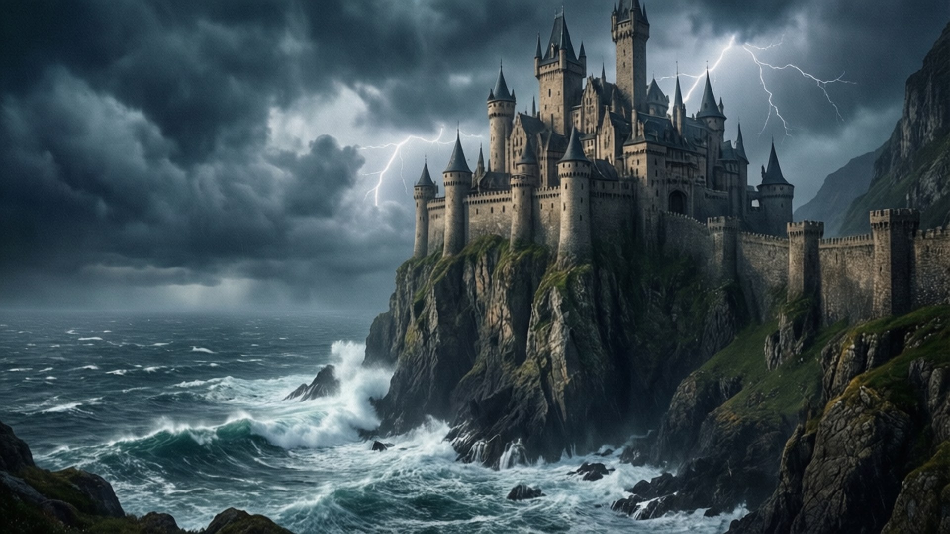 Cliffside Castle Storm 壁紙 — 一座哥德式城堡坐落在暴風雨中的懸崖上，閃電劃破洶湧的海浪。