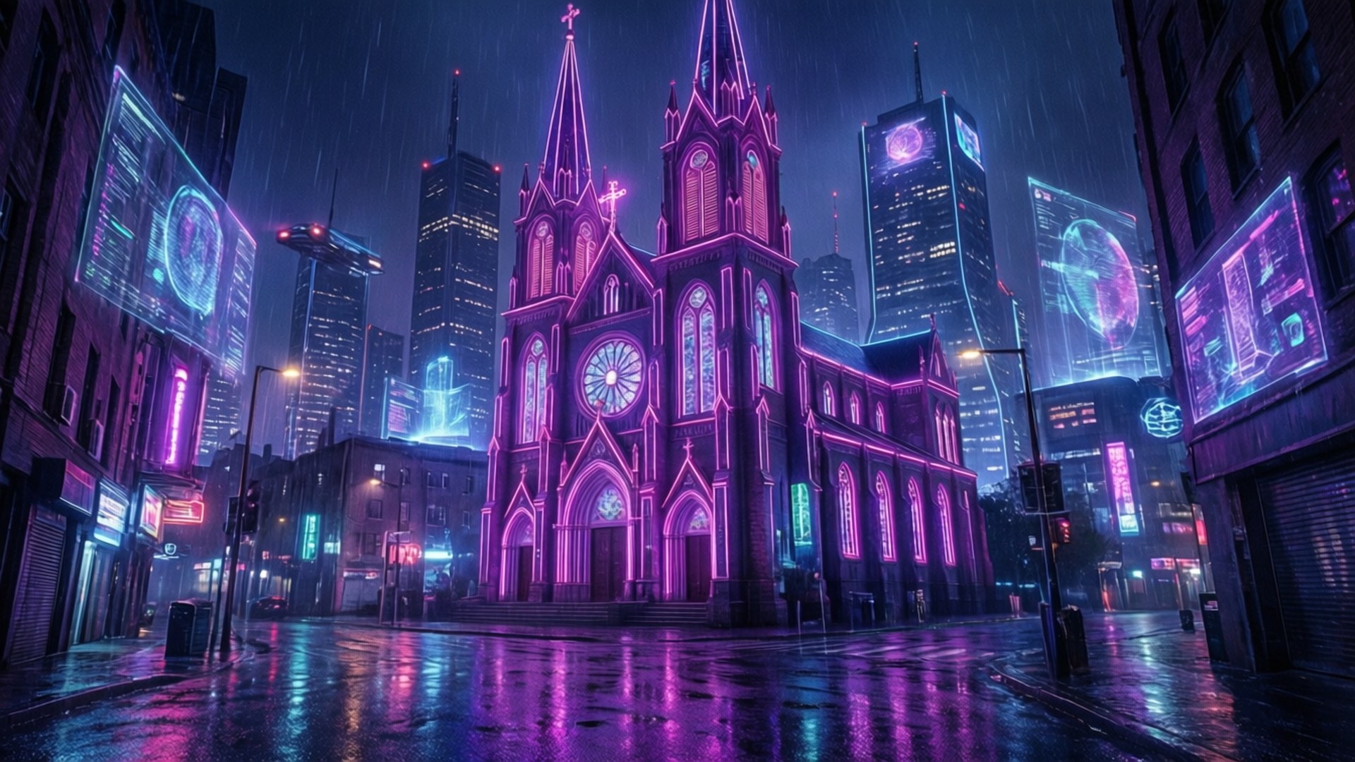 Cyberpunk Neon Church 壁紙 — 一座哥德式大教堂沐浴在霓虹粉紅光芒中，在雨淋的賽博龐克城市景觀中傲然矗立，周圍是高聳的摩天大樓和發光的全息廣告牌。