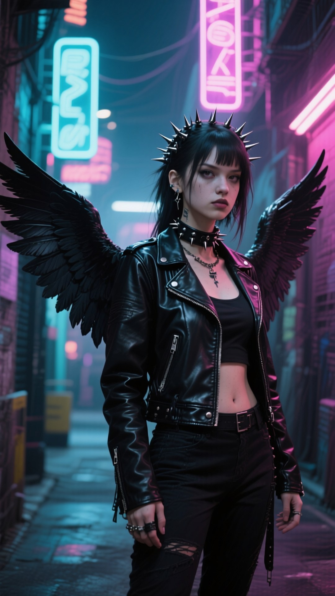 Punk Angel Cyberpunk 壁紙 — 一位哥德式女性，擁有黑色羽毛翅膀和尖刺皇冠，站在霓虹燈照亮的賽博朋克小巷中。