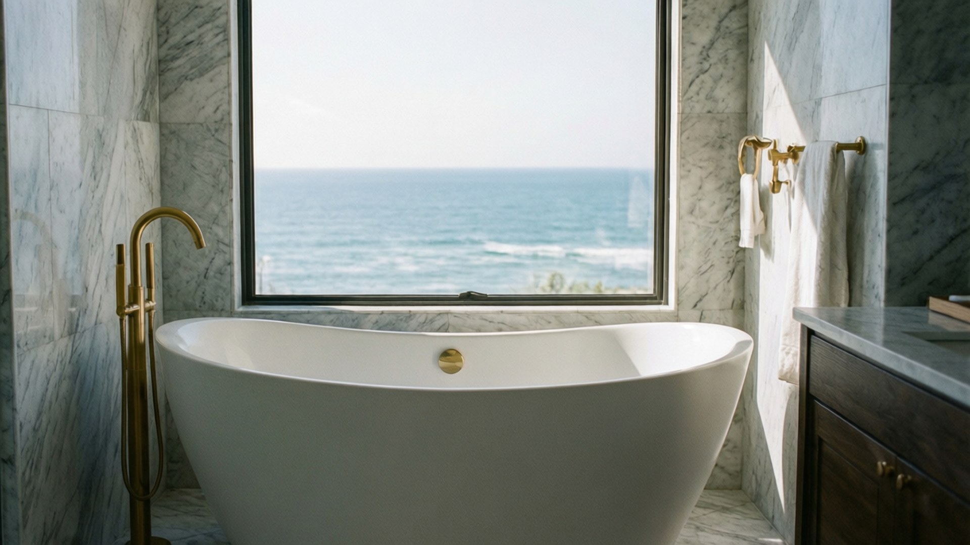 Modern Ocean Bath 壁紙 — 一個獨立式白色浴缸位於大理石浴室，設有大窗戶俯瞰海洋。
