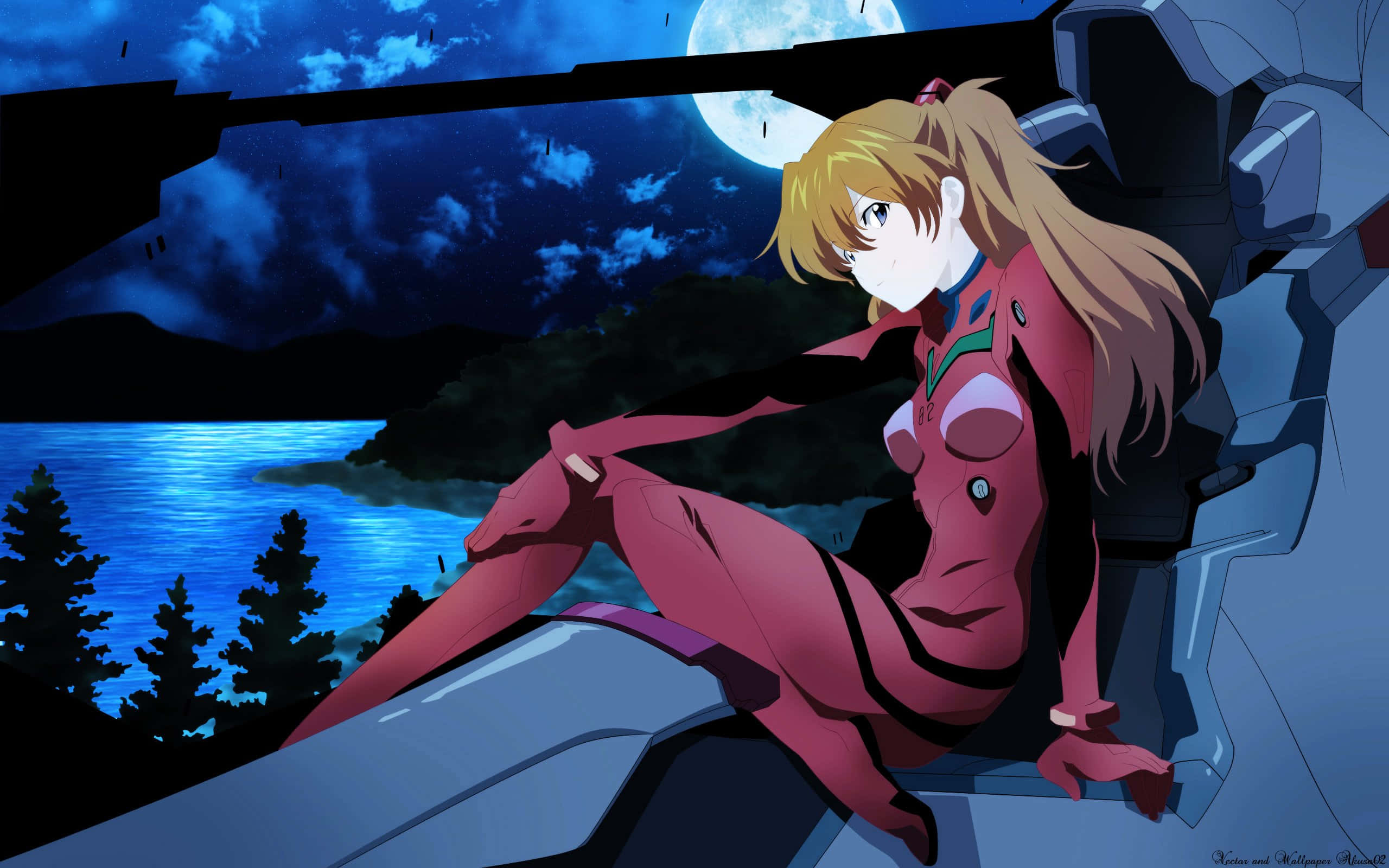 Asuka Langley Soryu 桌布 壁紙 — 一個金髮動漫女孩穿著紅色西裝，坐在機甲上，在滿月下俯瞰夜晚的藍色湖泊。
