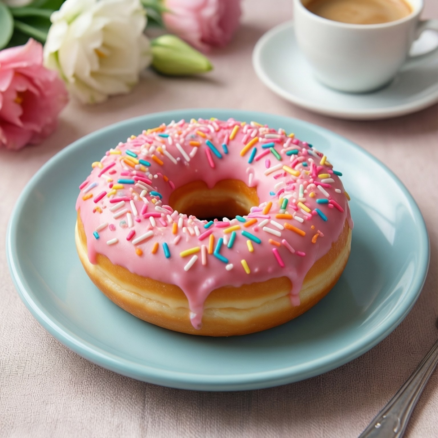 Pink Donut and Coffee 壁紙 — 一個粉紅色糖霜甜甜圈配上彩色糖針，放在淺藍色碟子上，旁邊有一杯咖啡和粉紅色花朵。