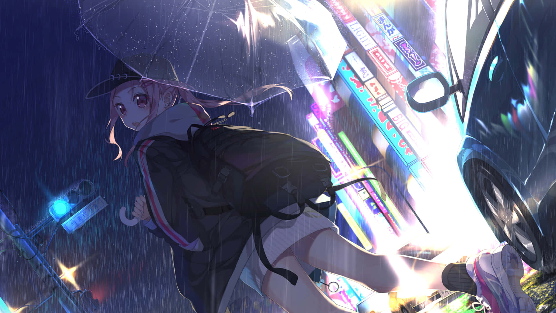 撐傘的動漫女孩在雨夜霓虹城市中行走，旁邊是一輛發光的汽車。 — 動漫 4K 壁紙