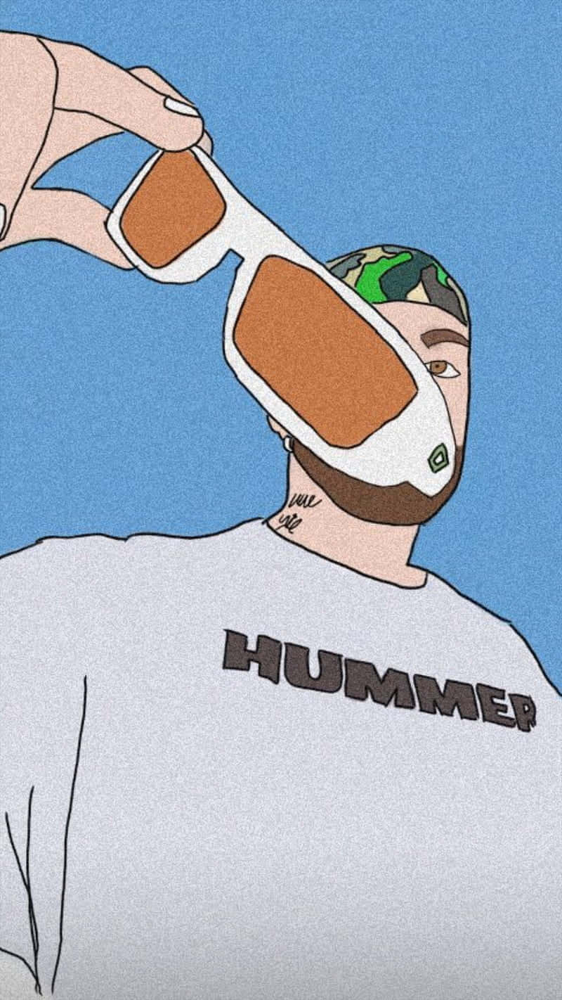  壁紙 — 一個風格化的插圖，描繪一名戴著迷彩帽和灰色Hummer T恤的男子，在純藍色背景上調整超大的白色太陽眼鏡。